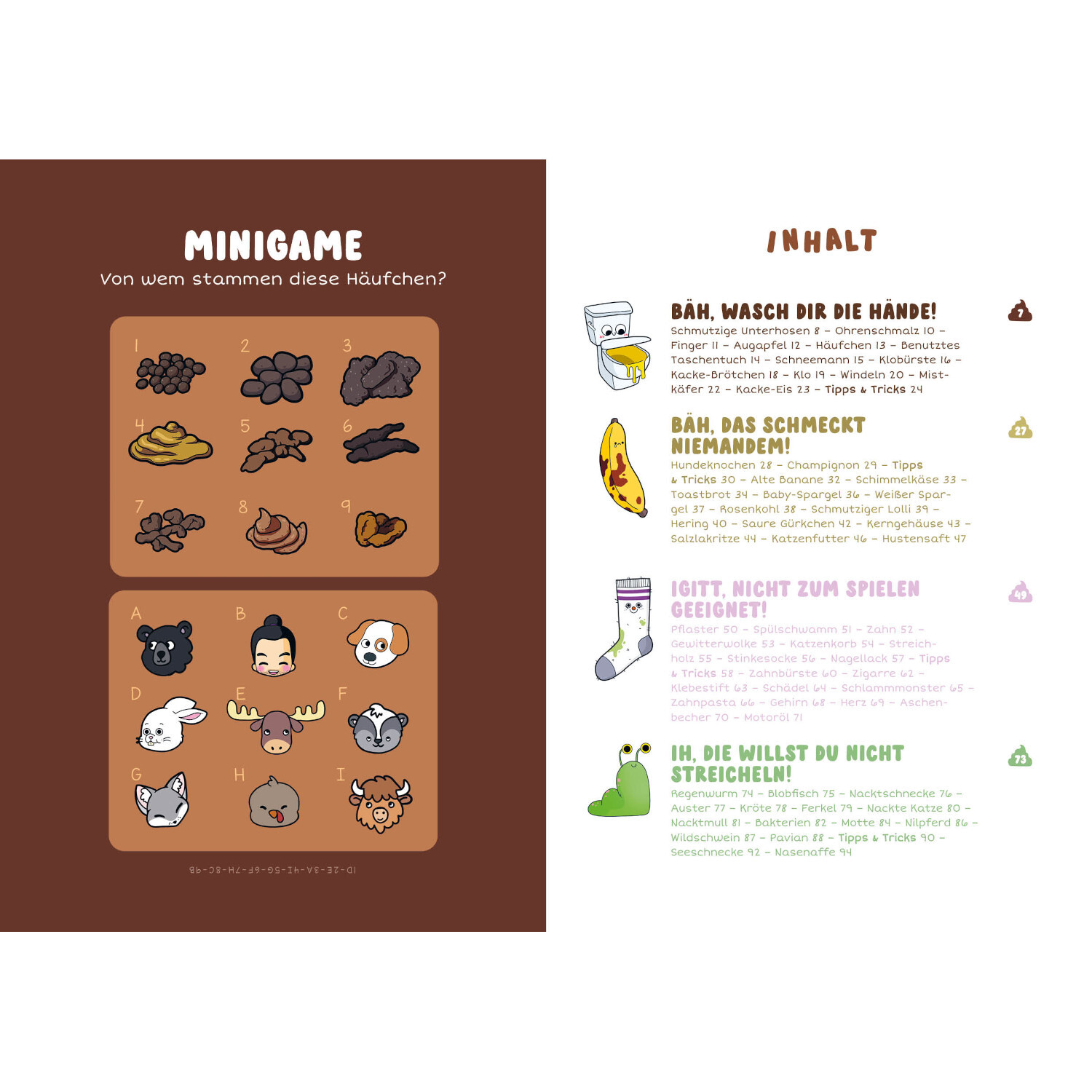 Die Kawaii-Zeichenschule – Trashy but Cute: Minigame-Seite mit bunten Illustrationen von Tieren und Haufen, die zugeordnet werden sollen.