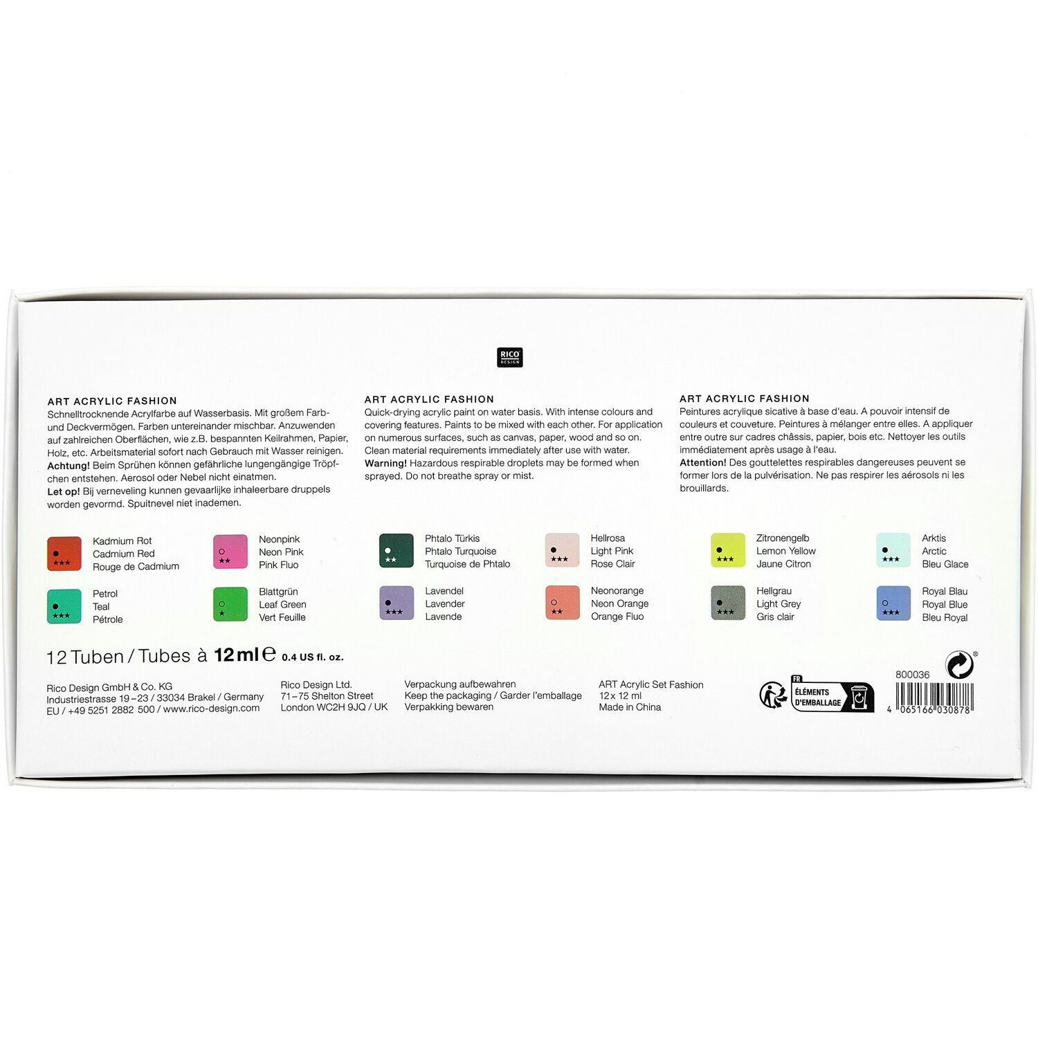ART Künstler Acrylfarben-Set Fashion 12x12ml, Rückseite der Verpackung mit Farbmuster und Produktinformationen.
