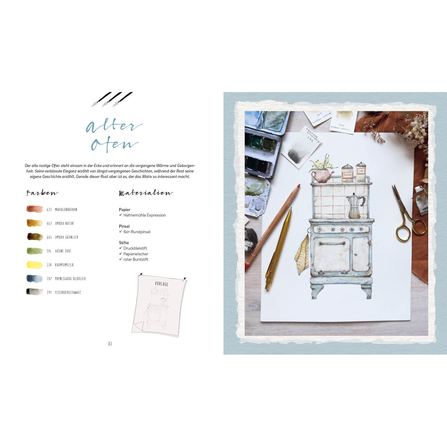 Welcome Home - Watercolor: Aquarellbild eines alten Ofens mit Malutensilien in sanften Farben.