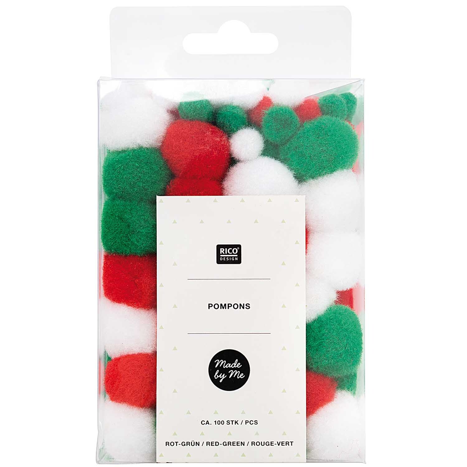 Pompons 8mm 20mm ca. 100 Stück von Rico Design in Rot-Grün, verpackt in einer transparenten Tüte.
