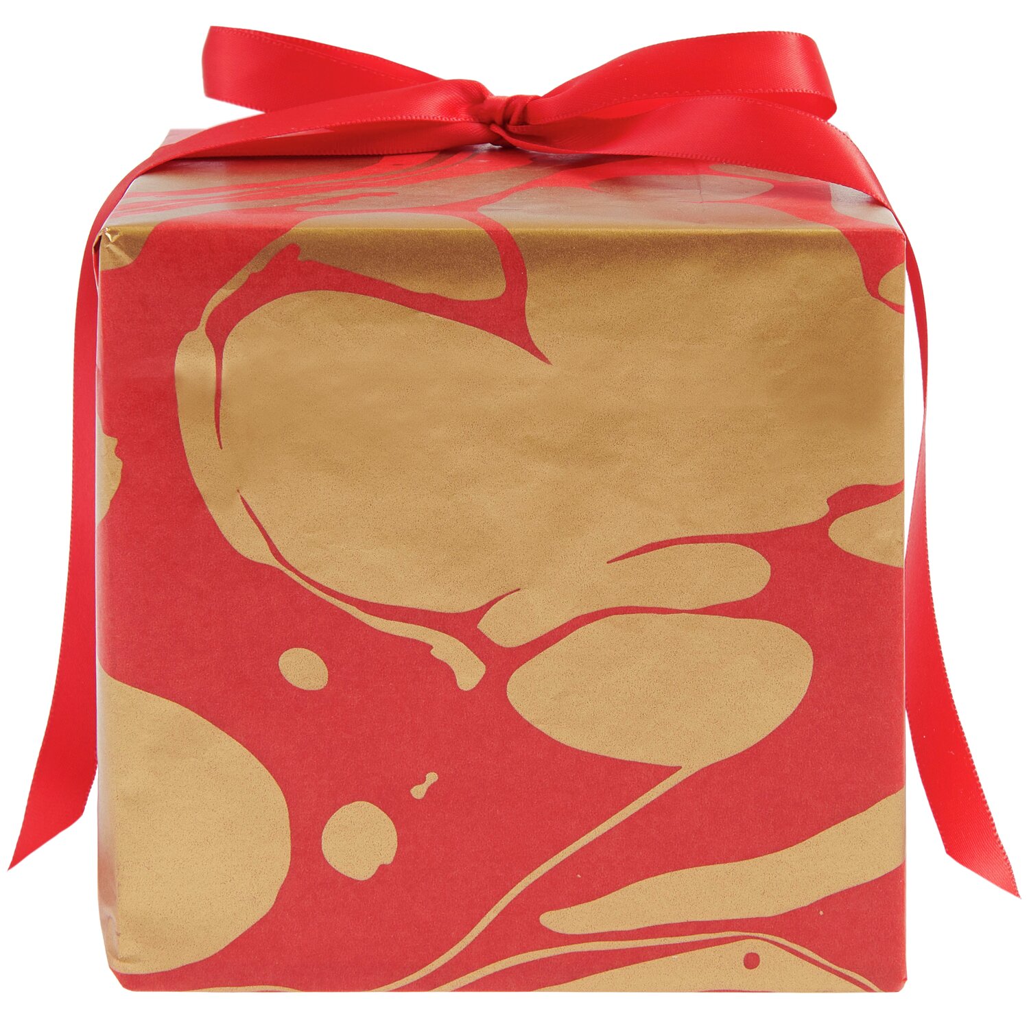 Seidenpapier Marmor 415x50cm, rot-goldenes Design, Geschenkverpackung mit roter Schleife.