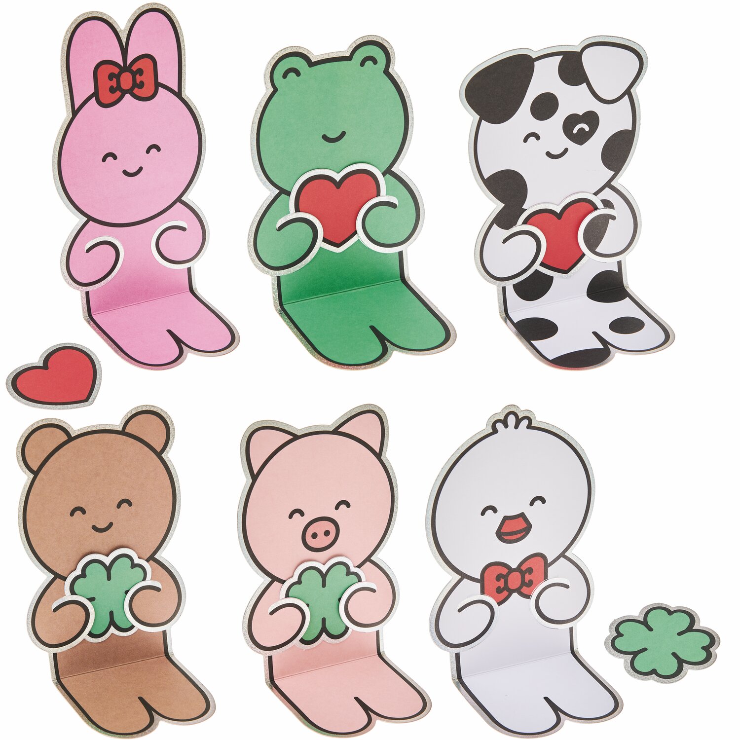 Paper Poetry Kartenset Chingu formgestanzt mit bunten Tiermotiven, die Herzen und Kleeblätter halten. Ideal für kreative Grußkarten.