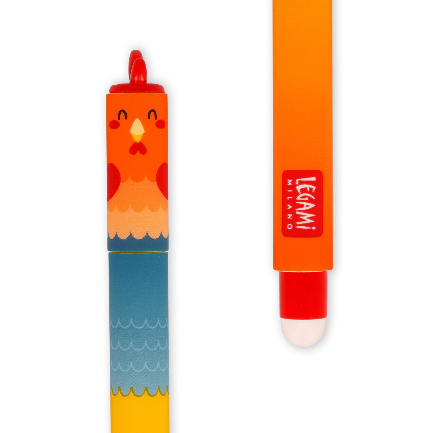 Erasable Gel Pen Set Farm Sweet Farm, Legami: Bunter Stift mit Hühnerdesign, orange und blau, 4-teilig. Ideal für kreative Notizen.