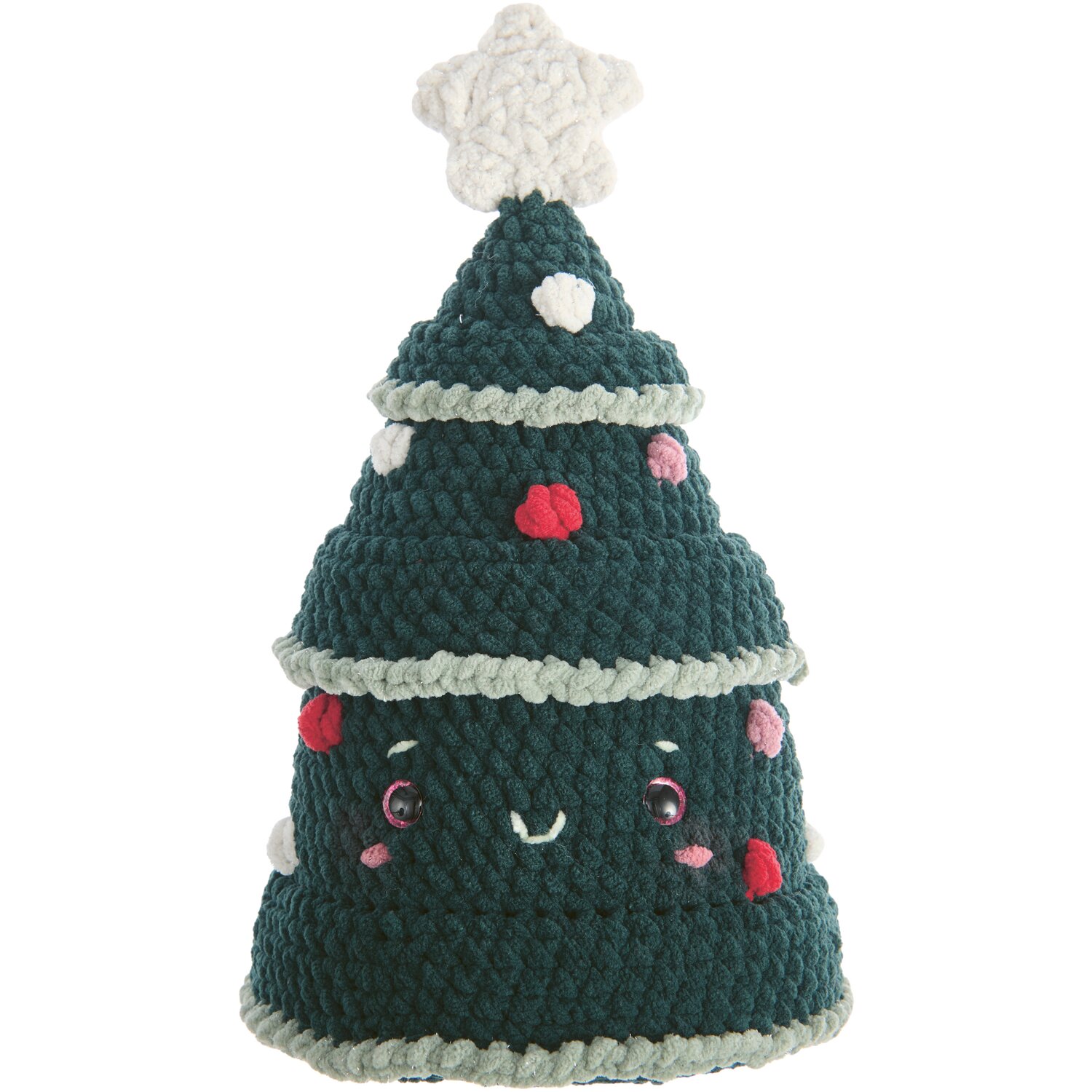 Häkelset Weihnachtsbaum Modell 4 aus Chenillove Sparkle Christmas. Dunkelgrüner Baum mit cremefarbenem Stern und roten Akzenten.