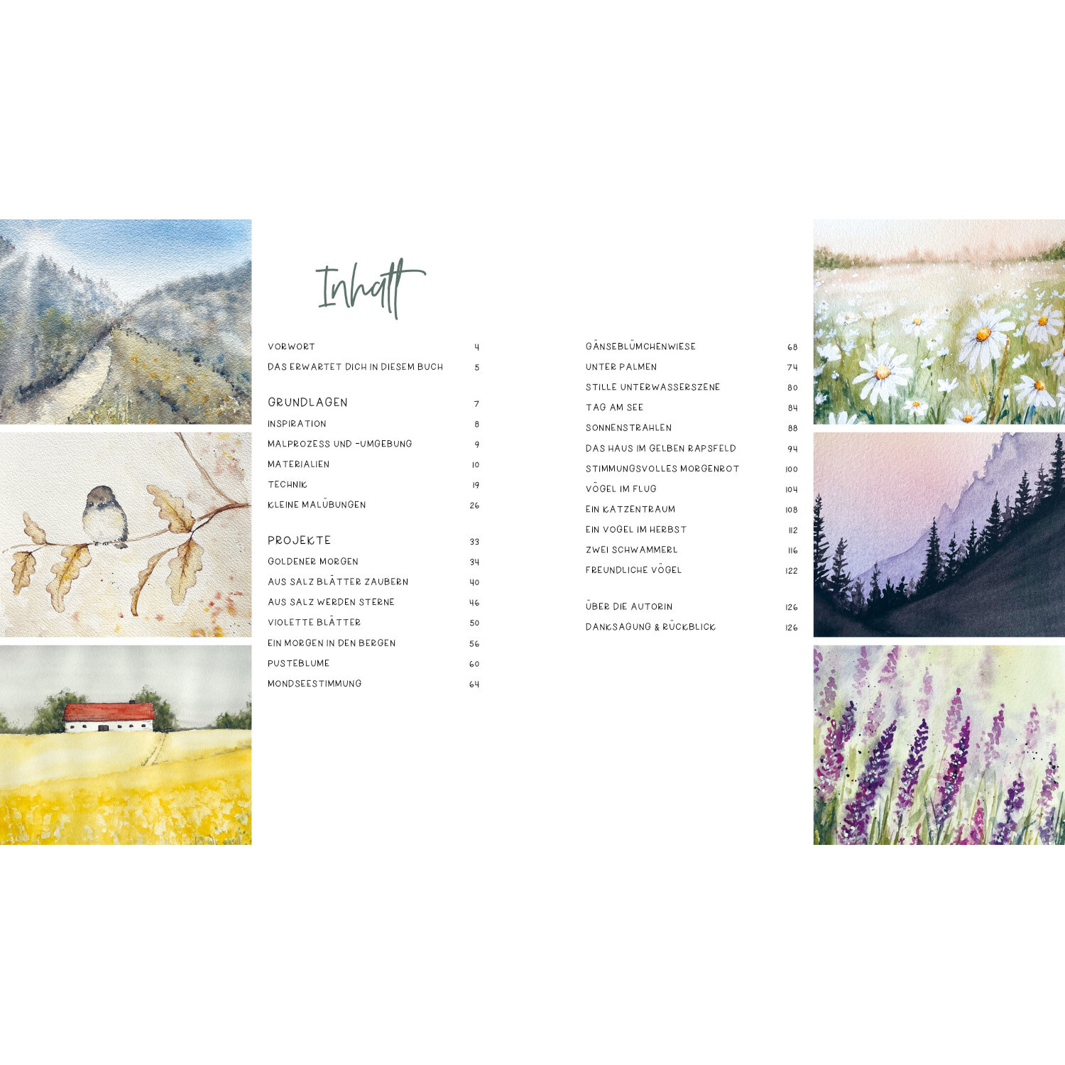 Watercolor - Nature Dreams: Inhaltsverzeichnis mit Aquarellbildern von Landschaften und Blumen.