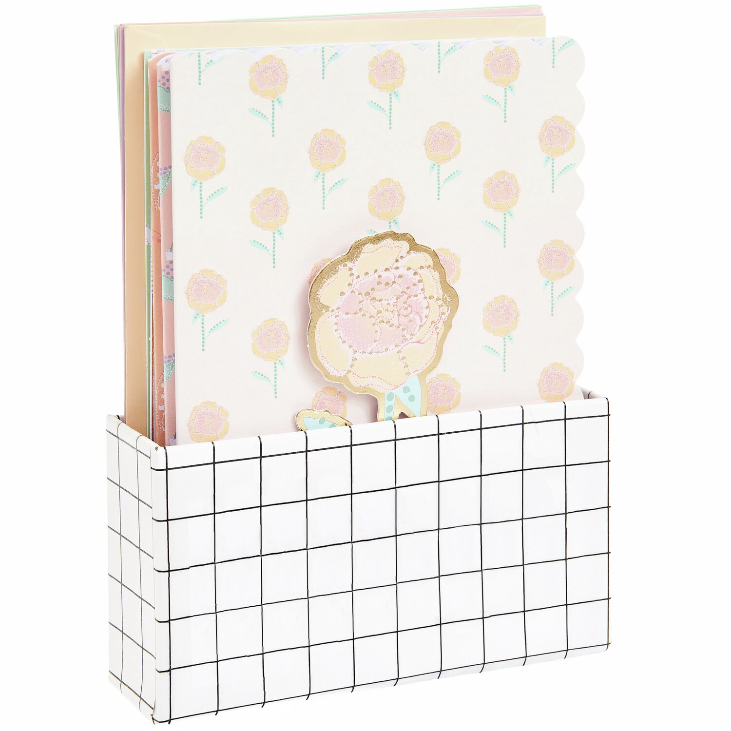 Paper Poetry 3D-Kartenset Blumen Sky Pastell zeigt florale Karten in zarten Pastelltönen in einer karierten Box. Ideal für kreative Grüße.