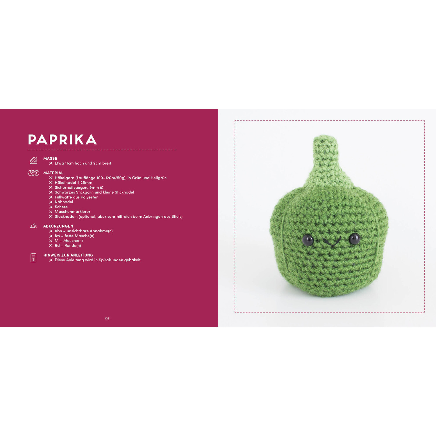Meine kunterbunte Amigurumi-Welt – super einfach 25 niedliche Figuren häkeln von Edition Michael Fischer Meine kunterbunte Amigurumi-Welt: Grüne gehäkelte Paprika mit niedlichem Gesicht, Anleitung von EMF.