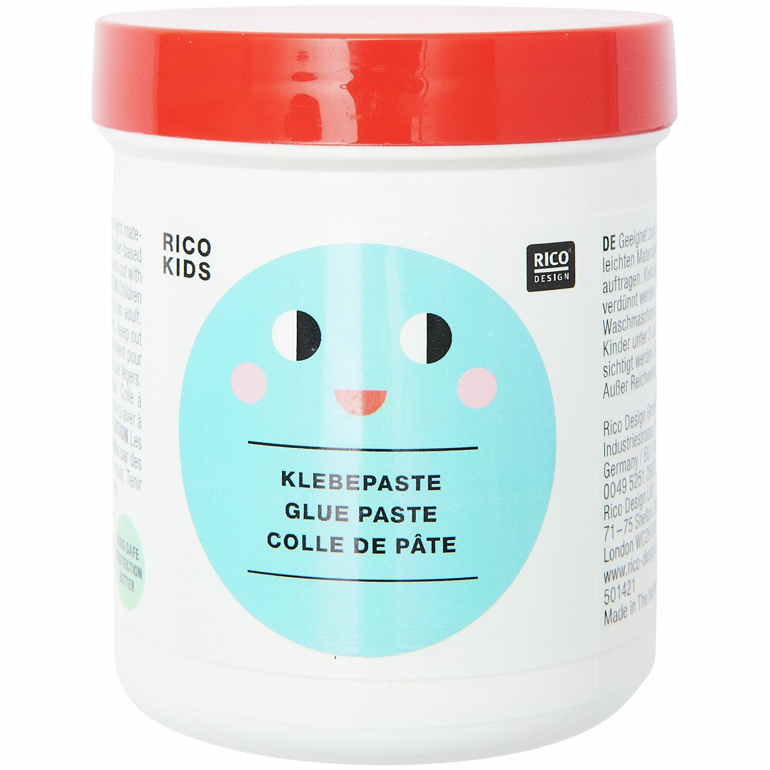 Kinder Klebepaste U3, 150g, mit fröhlichem Gesicht auf blauem Hintergrund, roter Deckel. Ideal für kreative Projekte.