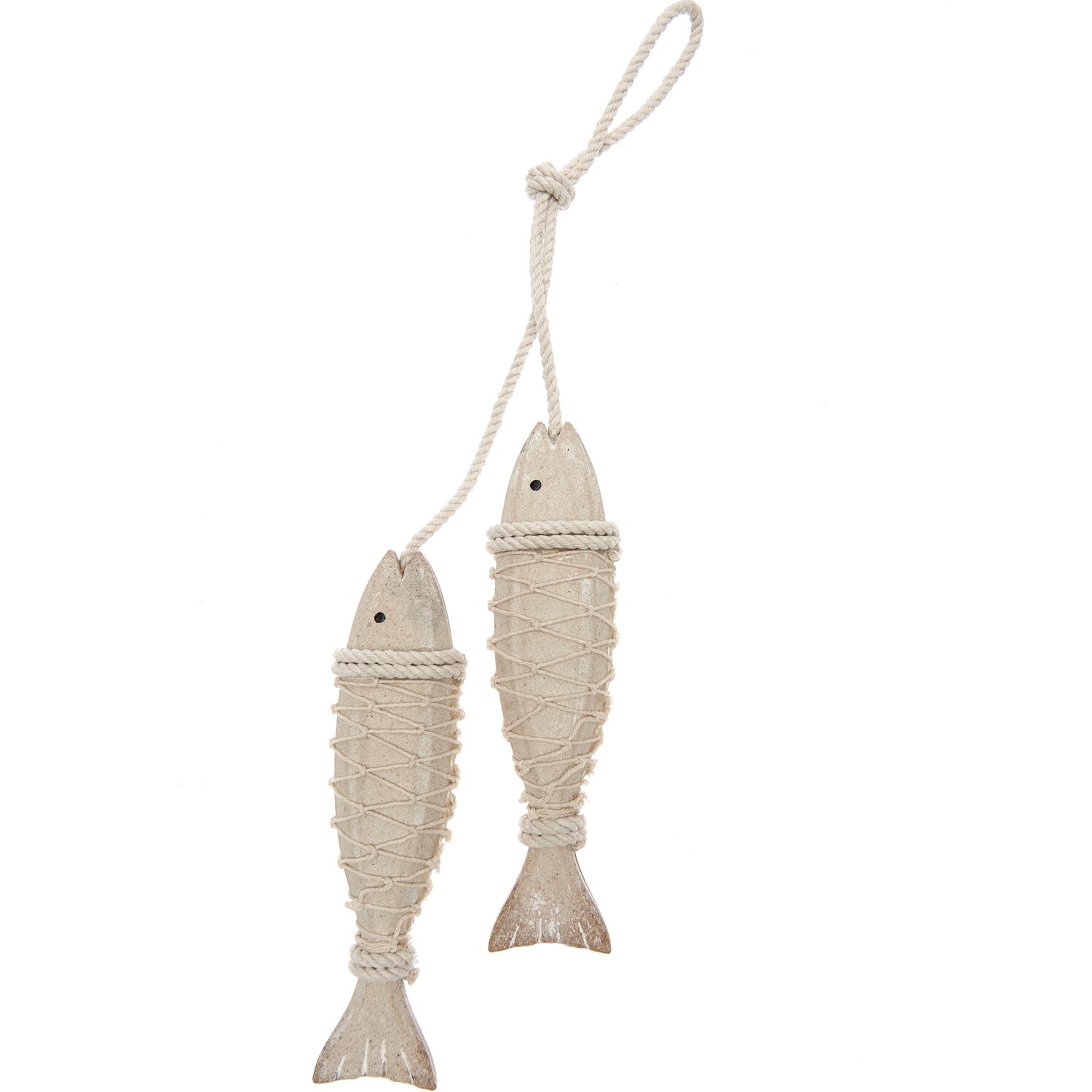 Holzhänger Fische im Netz natur 19cm: Zwei dekorative Holzfische in Netzoptik, ideal für maritimes Ambiente.