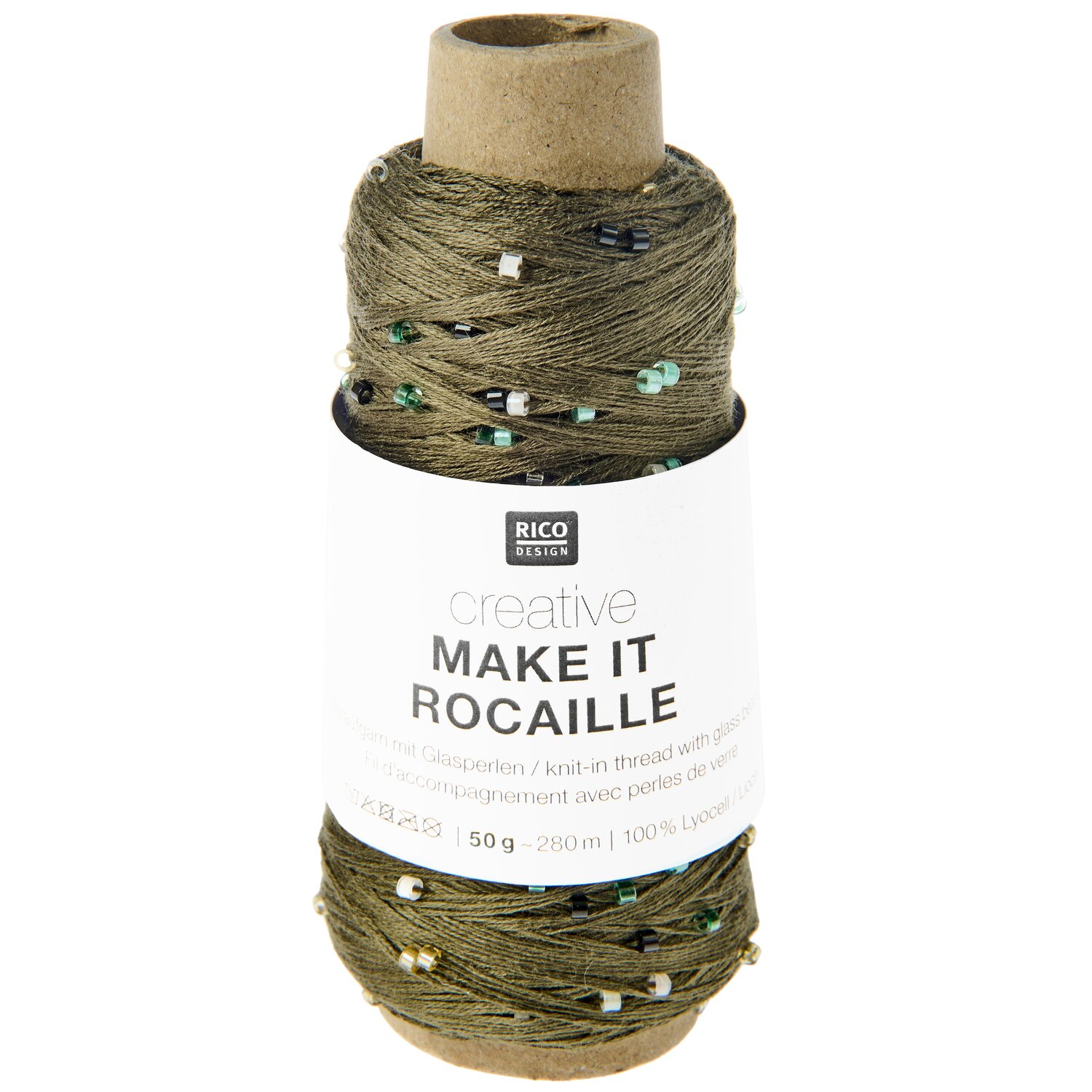 Creative Make It Rocaille, feines Strickgarn von Rico Design in meliertem Khaki mit eingearbeiteten Glasperlen, auf zylindrischer 50g-280m-Pappspule.