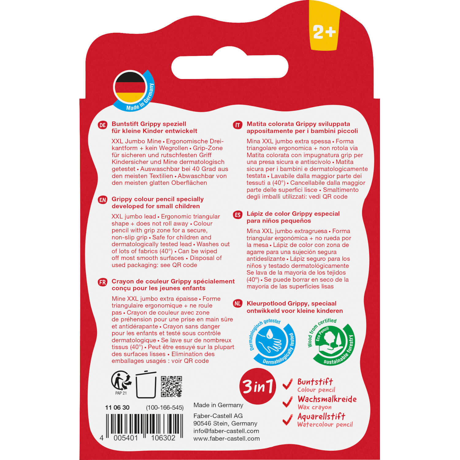 Buntstift Grippy Set, 6-teilig, Faber Castell. Rückseite der Verpackung mit Produktinformationen auf rotem Hintergrund.