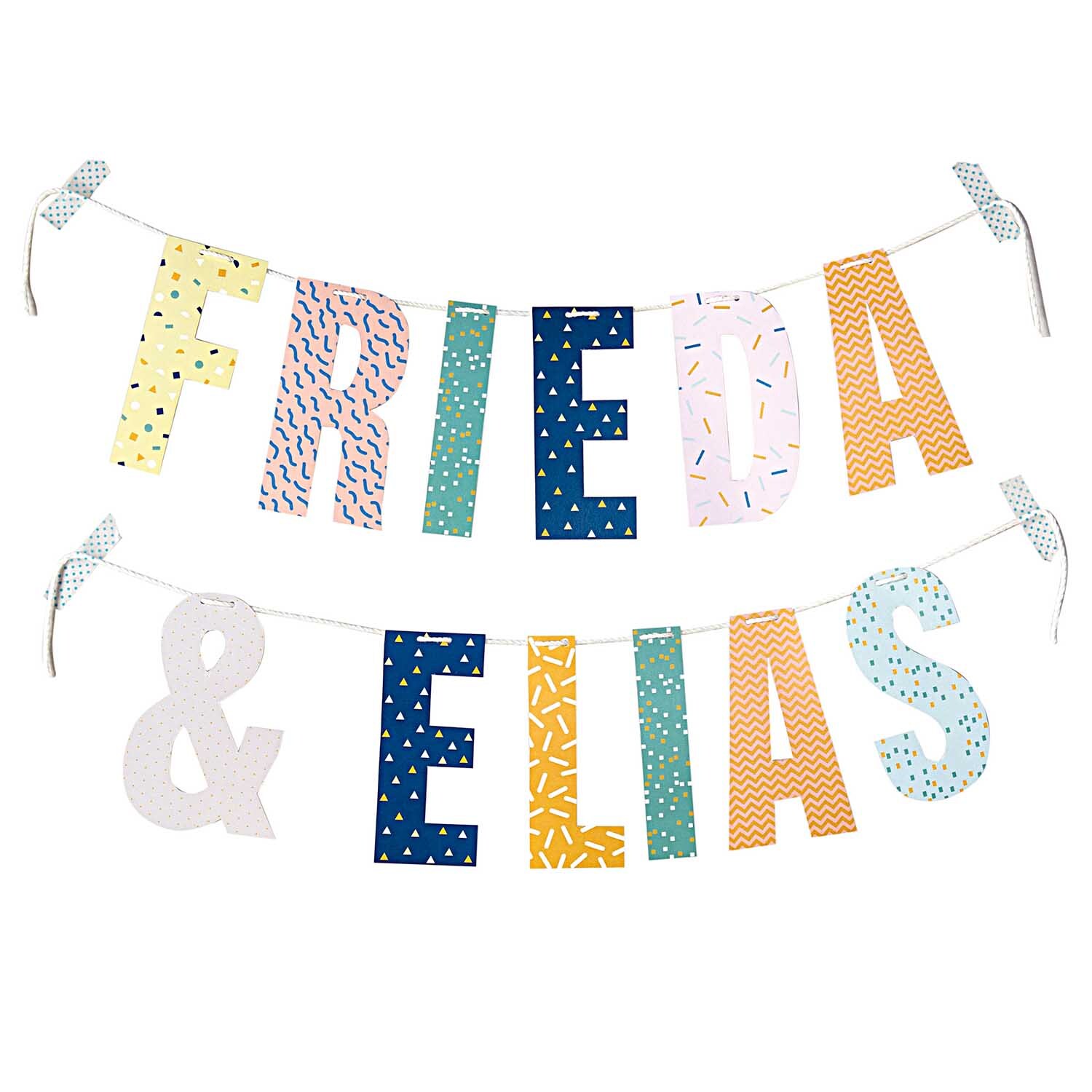 Buchstabe für Girlande 14cm: Bunte Buchstaben in verschiedenen Mustern bilden die Namen Frieda & Elias.