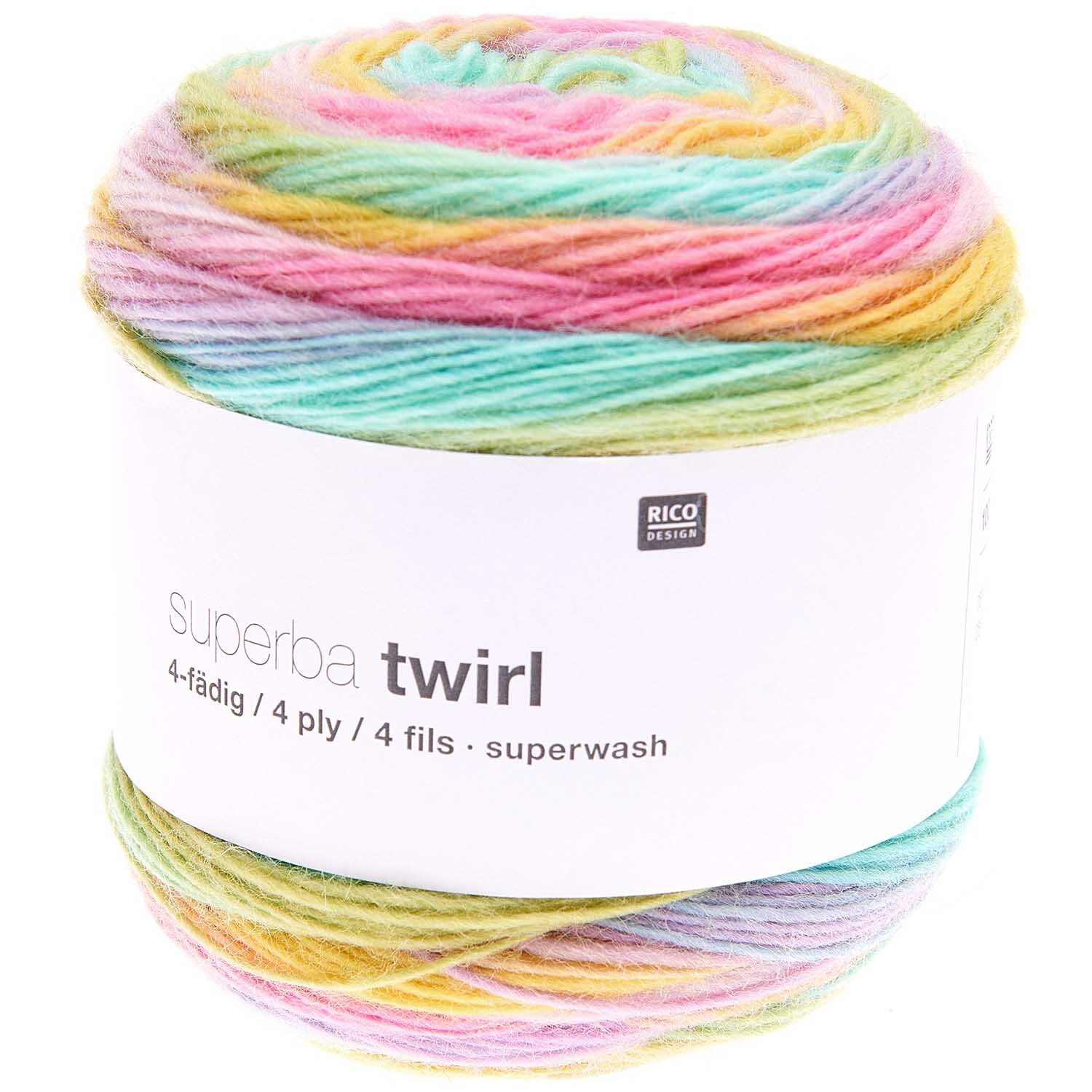 Superba Twirl 4fädig Wolle in Bonbon-Farben von Rico Design, 100g Knäuel mit 390m Lauflänge.