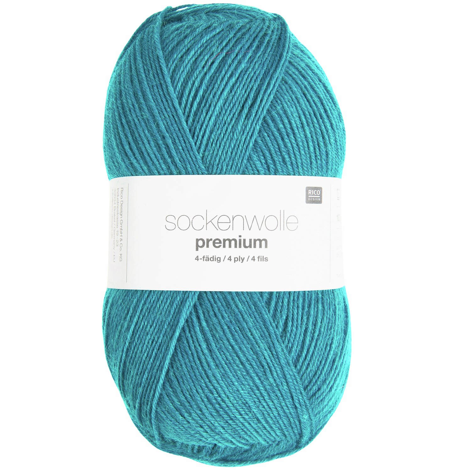 Sockenwolle Premium 4-fädig in Türkis, 100g 380m, von Rico Design. Ideal für Strickprojekte.