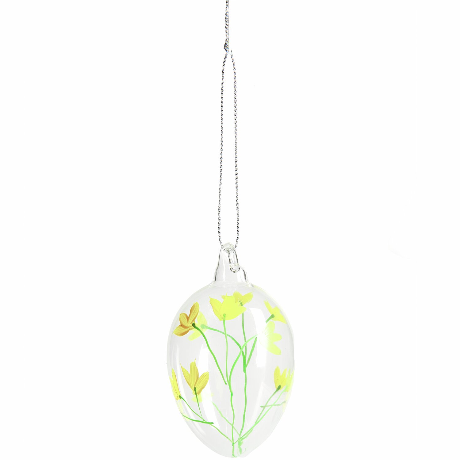 Glas Eier Frühlingswiese handbemalt 4 Stück, dekoratives Ei mit gelben Blumenmotiven, 8xØ4,5cm, ideal für Frühlingsdekorationen.