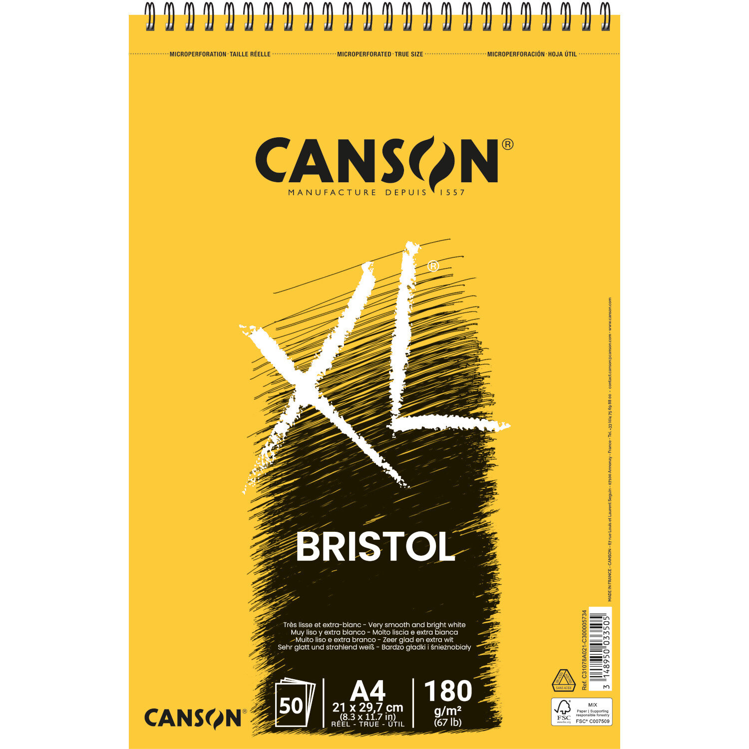 XL Block Bristol A4 50 Blatt, gelbes Cover, Canson, 180 g/m², ideal für Zeichnungen.