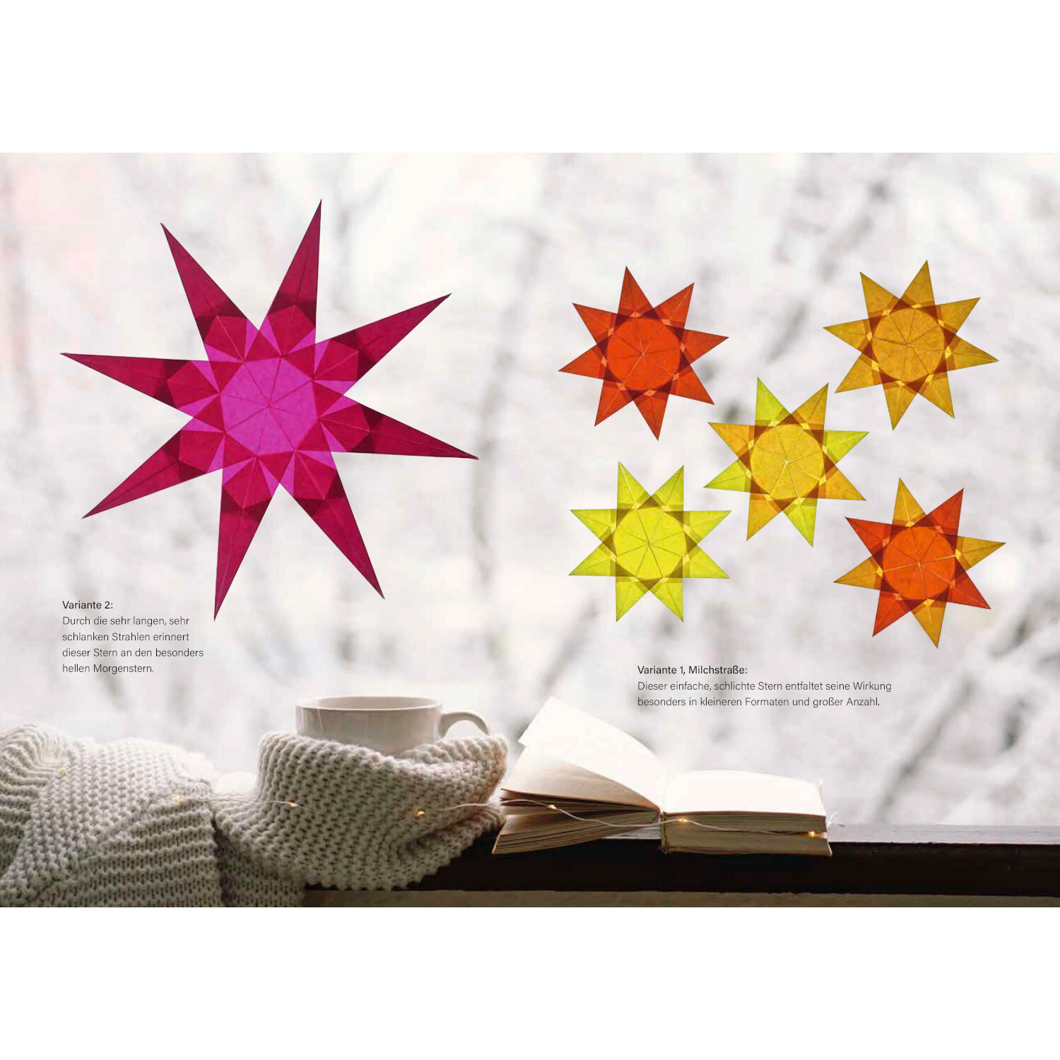 Weihnachtliche Fenstersterne falten: Bunte Sterne in Rot, Orange und Gelb schmücken ein winterliches Fenster. Christophorus Verlag.