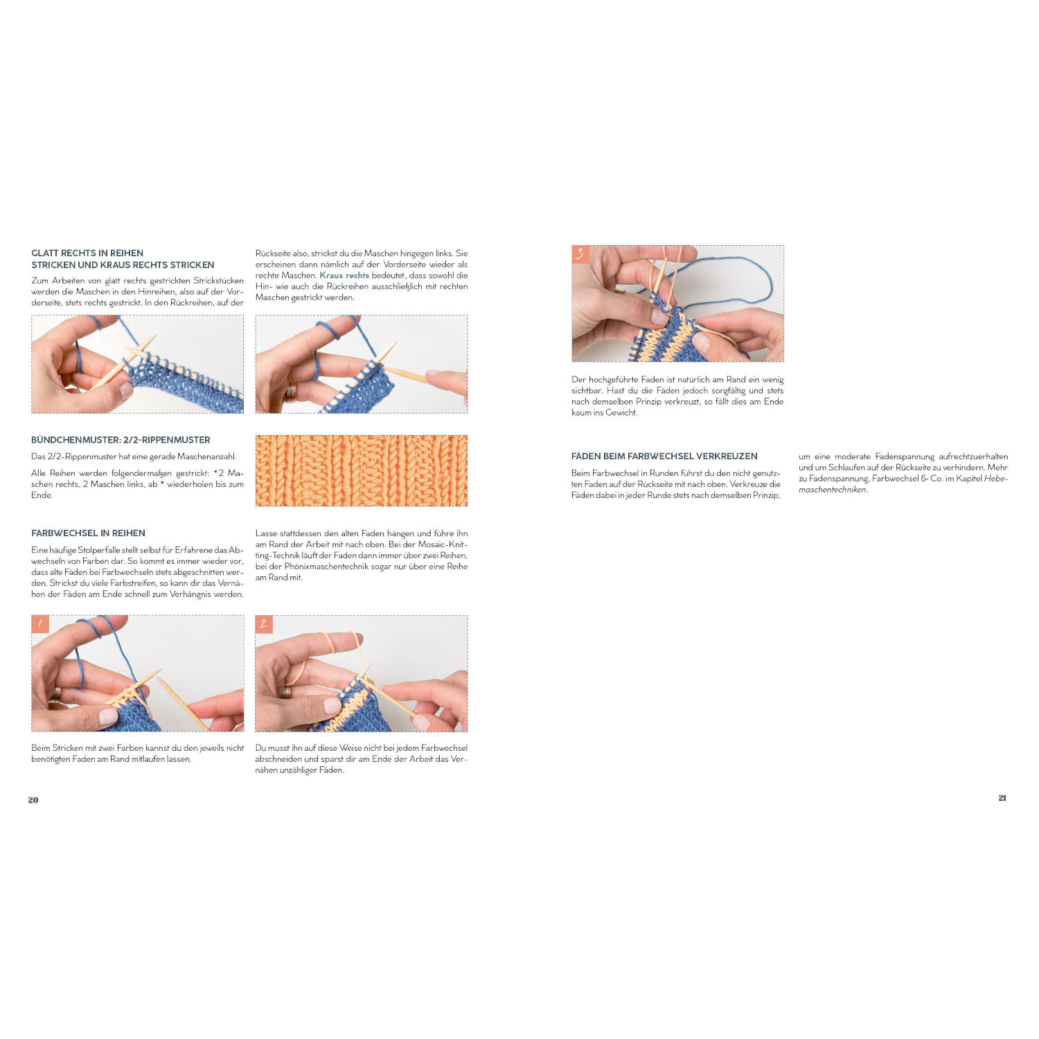 Strickmusterbibel - Hebemaschen: Anleitung mit Bildern zum Stricken von Hebemaschen in Blau.