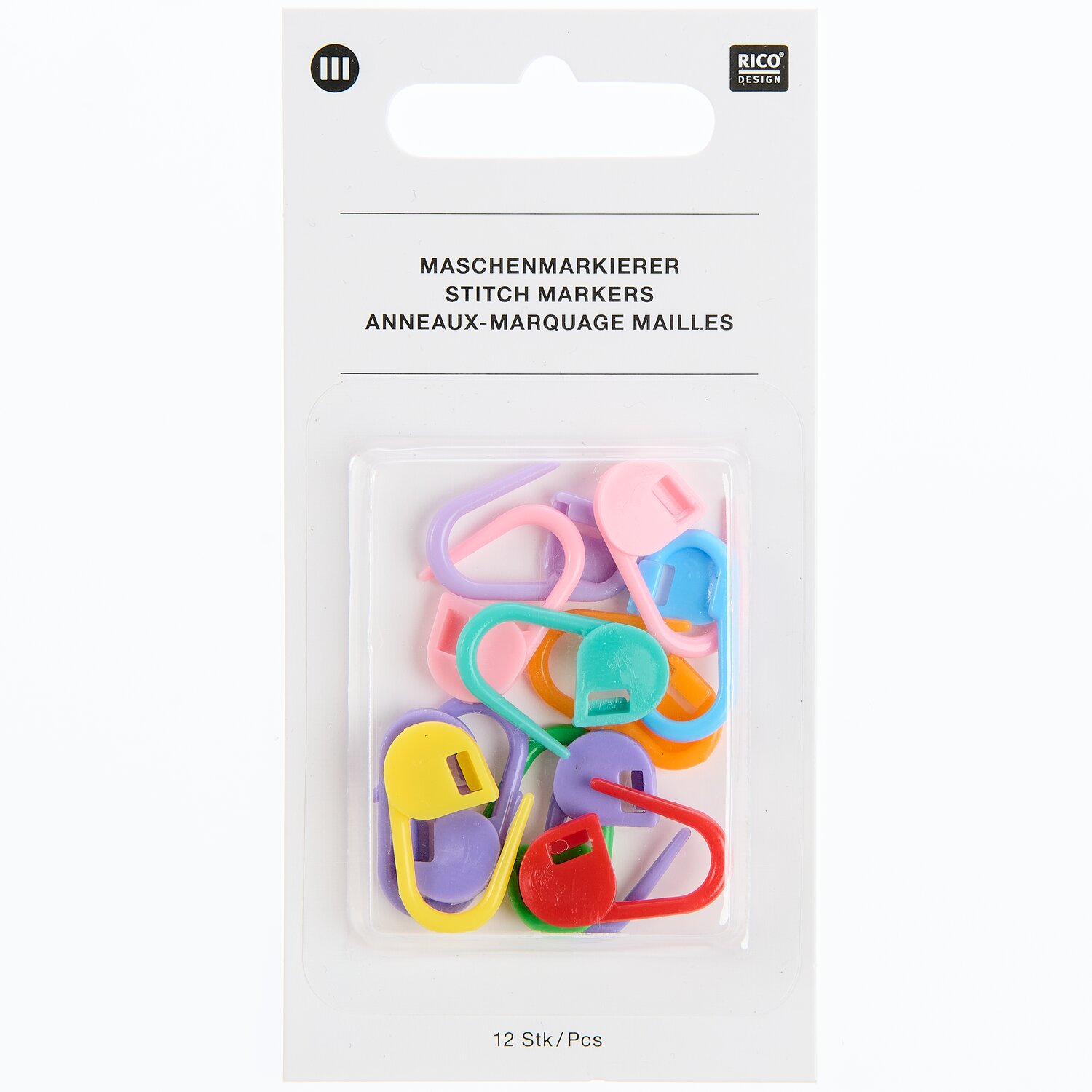 Maschenmarkierer 12 Stück von Rico Design, farbenfrohe Kunststoff-Stitch-Marker im Beutel für präzise Markierungen bei Strick- und Häkelprojekten