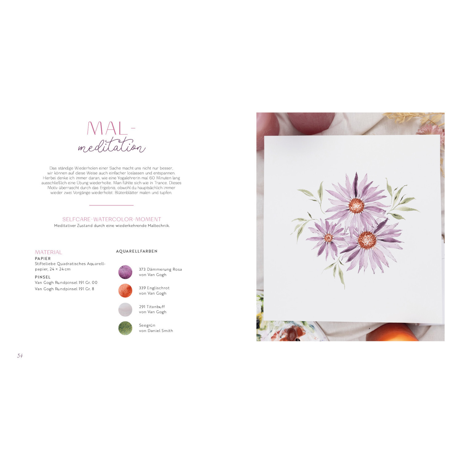 Selfcare Watercolor – Kreative Momente für mich: Aquarellbild mit lila Blumen auf weißem Hintergrund, ideal für entspannende Malmeditationen.