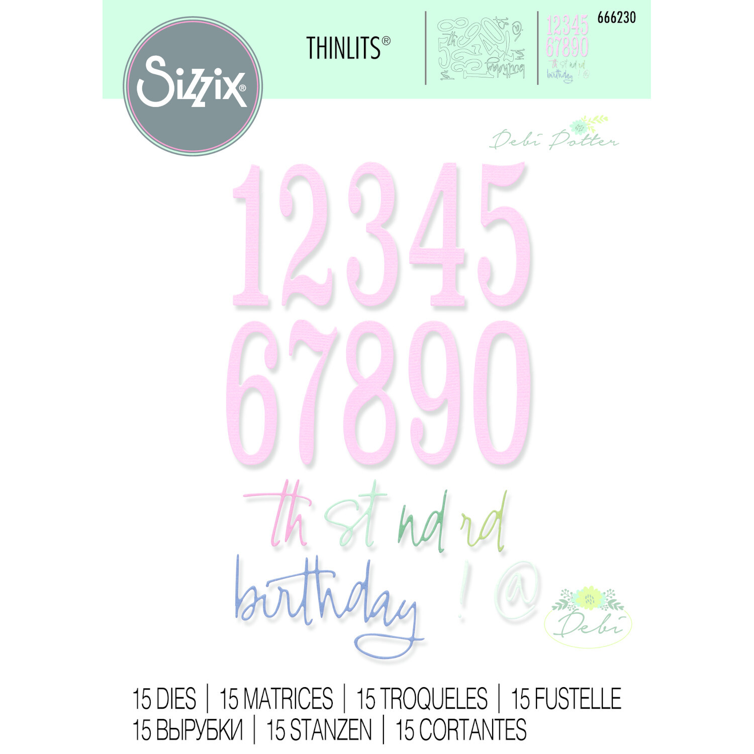 Thinlits Set Fabulous Birthday Numbers: Pastellfarbene Zahlen und Schriftzüge für kreative Geburtstagsprojekte, 15 Stück, von Sizzix.