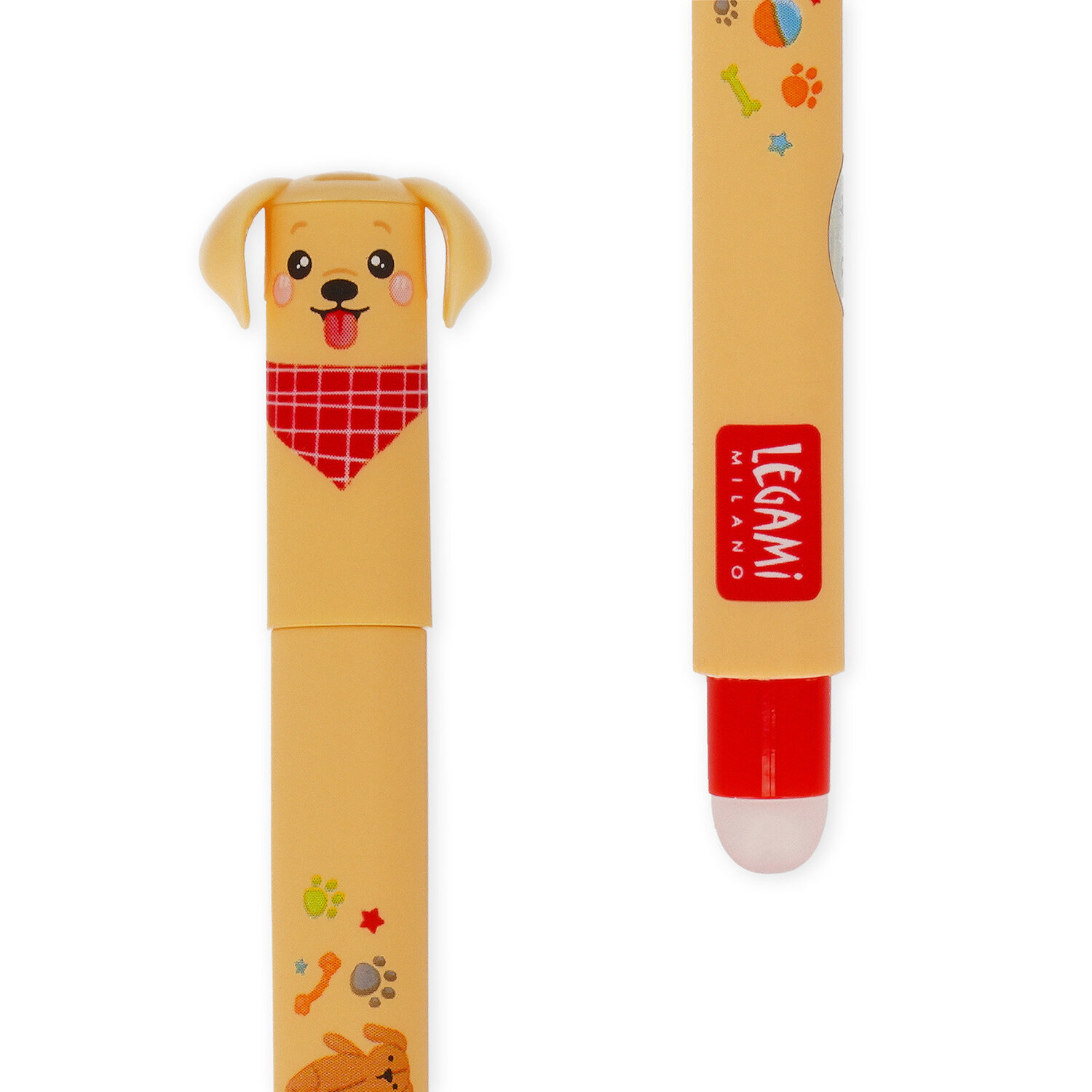 Erasable Gel Pen Set 3 Stück Fur-ever Friends BTS 26, Legami, mit gelbem Hundemotiv, roter Kappe und Radieraufsatz, ideal für Schule und Büro