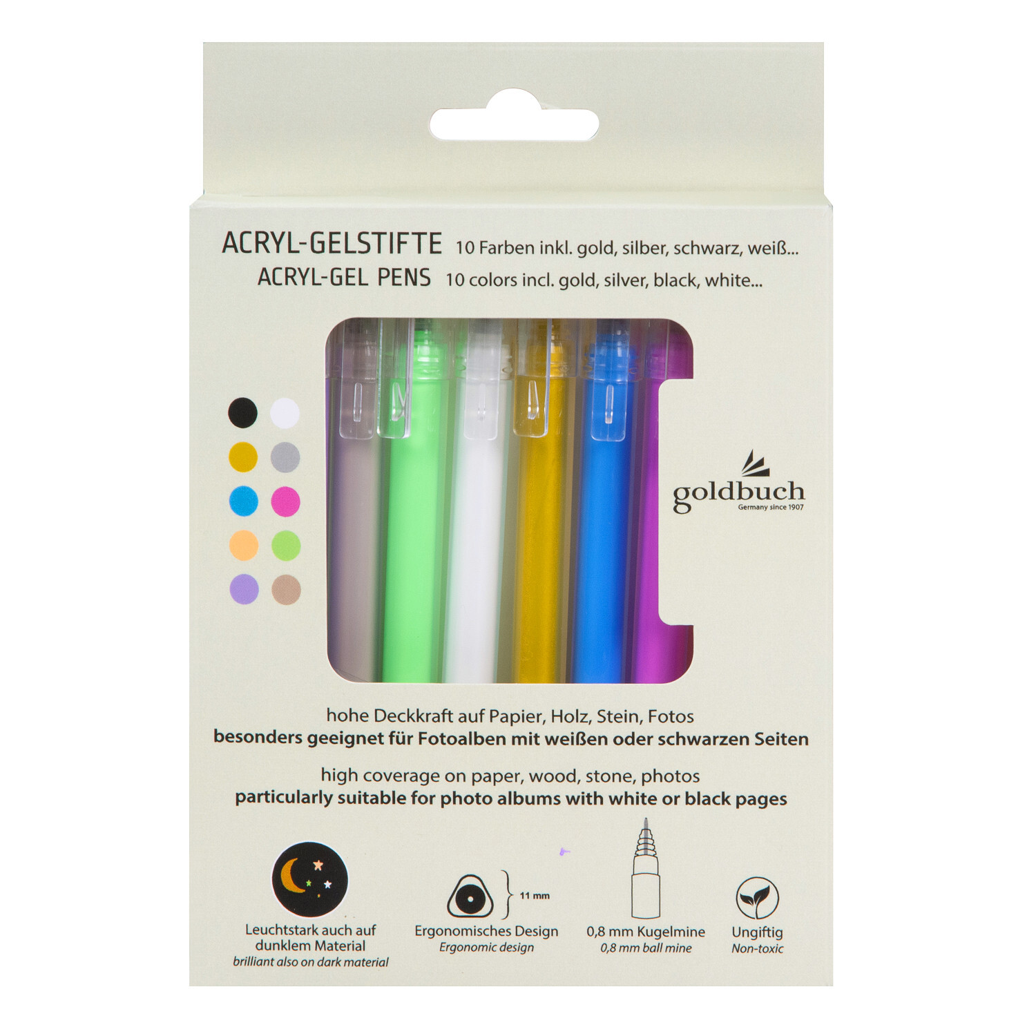 Acryl-Gelstifte für Fotoalben 10 Farben, goldbuch: Set mit hoher Deckkraft für Papier, Holz und Stein. Ideal für Fotoalben mit weißen oder schwarzen Seiten.