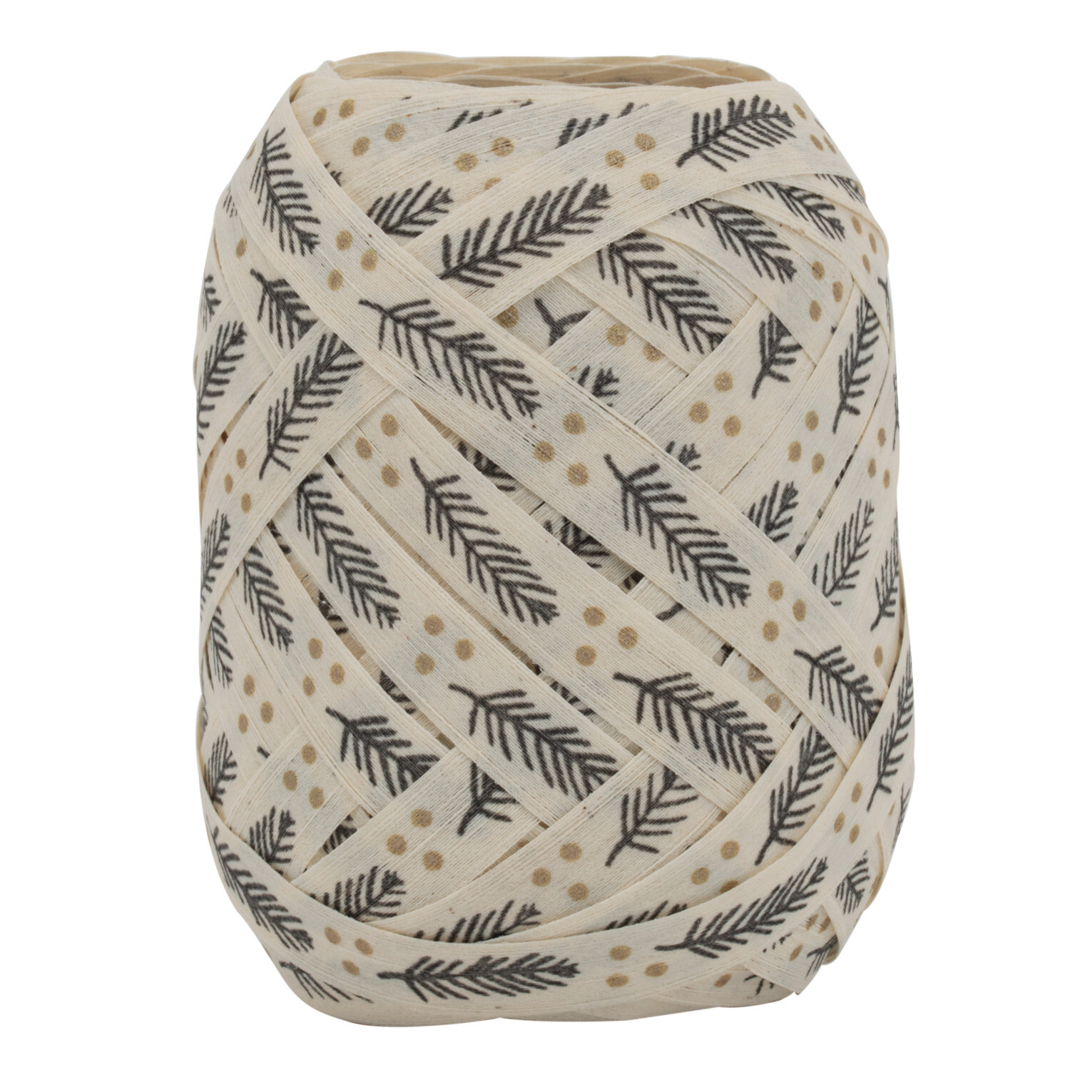 Geschenkband Tannengrün Natur, cremefarben mit schwarzen Tannenzweigen und goldenen Punkten, ideal für festliche Dekorationen.
