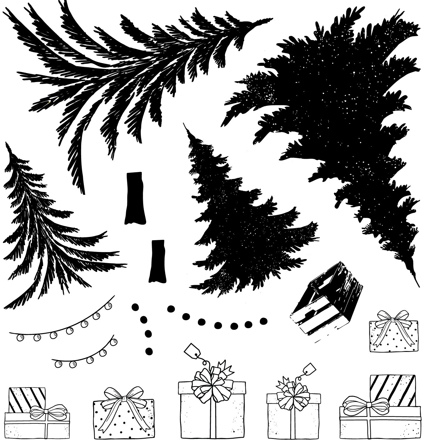 Clear Stamps \/ Framelits Trees and Trinkets, 32-teilig: Schwarze Stempel mit Tannen, Geschenken und Dekorationen auf weißem Hintergrund.