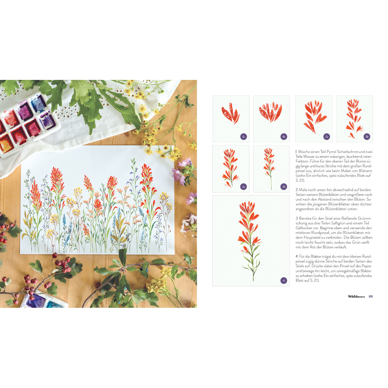 Wildflower Watercolor - Blumen Aquarelle malen von Edition Michael Fischer Wildflower Watercolor - Blumen Aquarelle malen: Anleitung zum Malen bunter Blumen mit Aquarellfarben auf einem Holztisch.