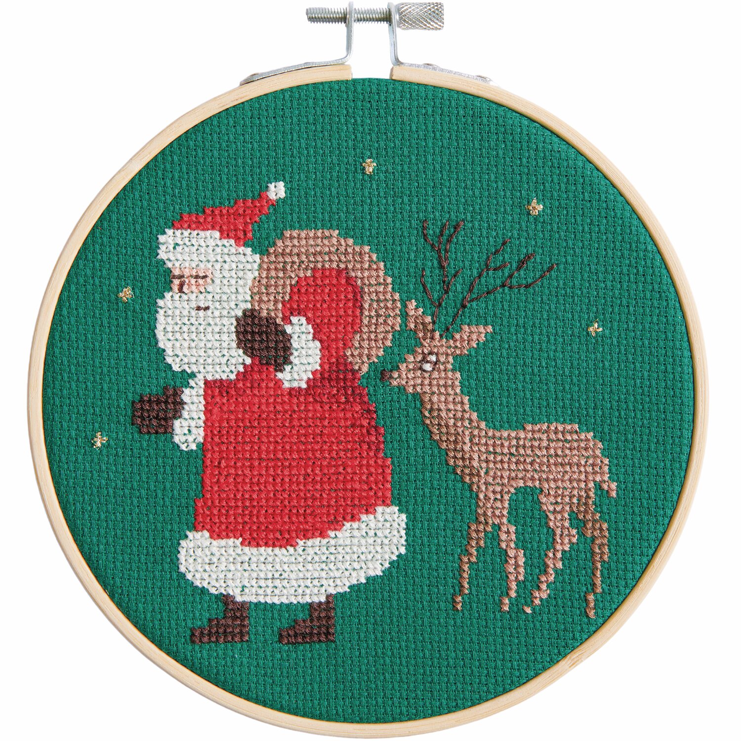Stickpackung Santa und Reh Stickpackung Santa und Reh zeigt einen Weihnachtsmann mit Rentier auf grünem Hintergrund, Ø15cm.