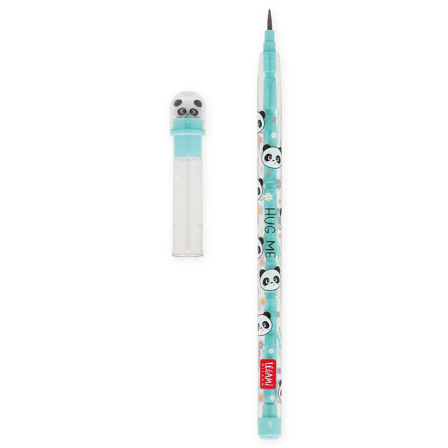 Stackable Pencils, Legami: Hellblauer Bleistift mit Panda-Motiv und abnehmbarem Deckel.