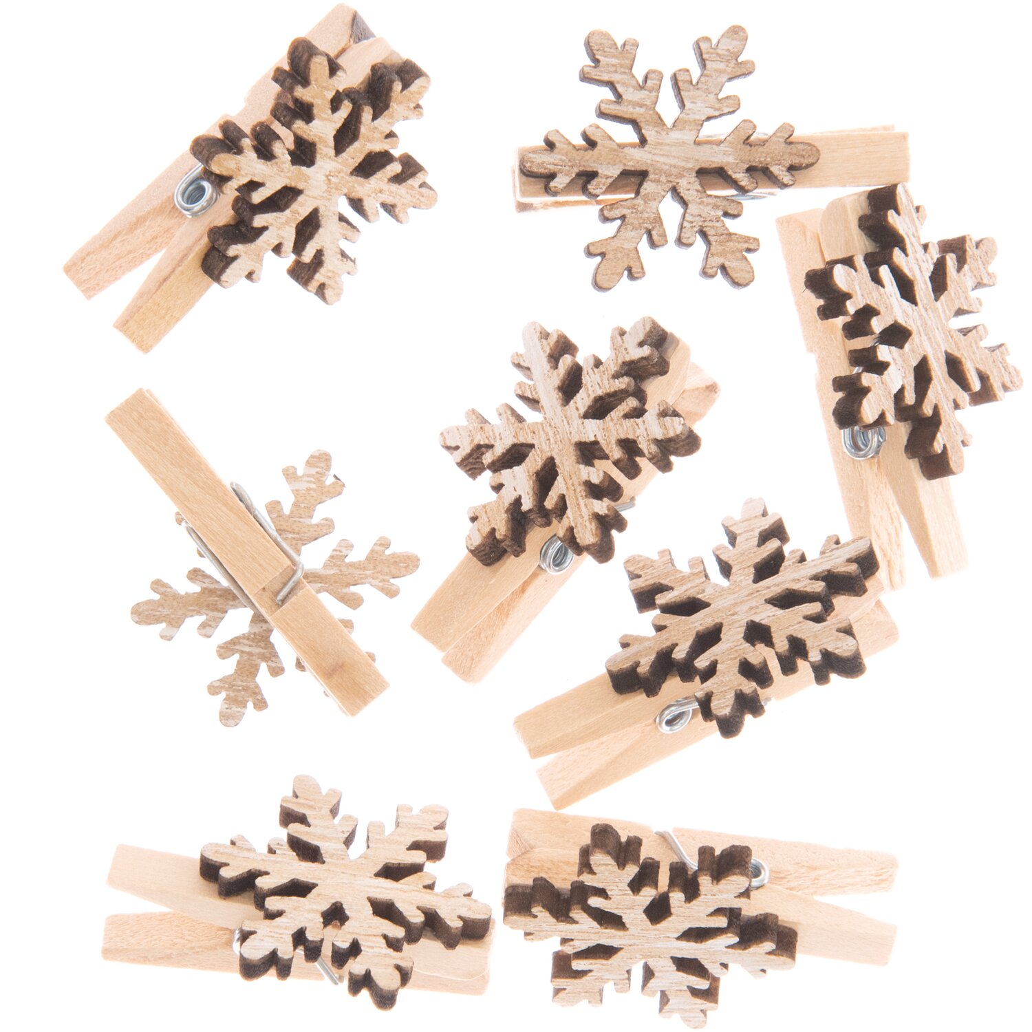 Dekoklammern Schneeflocke natur 3cm 8 Stück: Holzklammern mit Schneeflockenmotiv, ideal für winterliche Dekorationen.