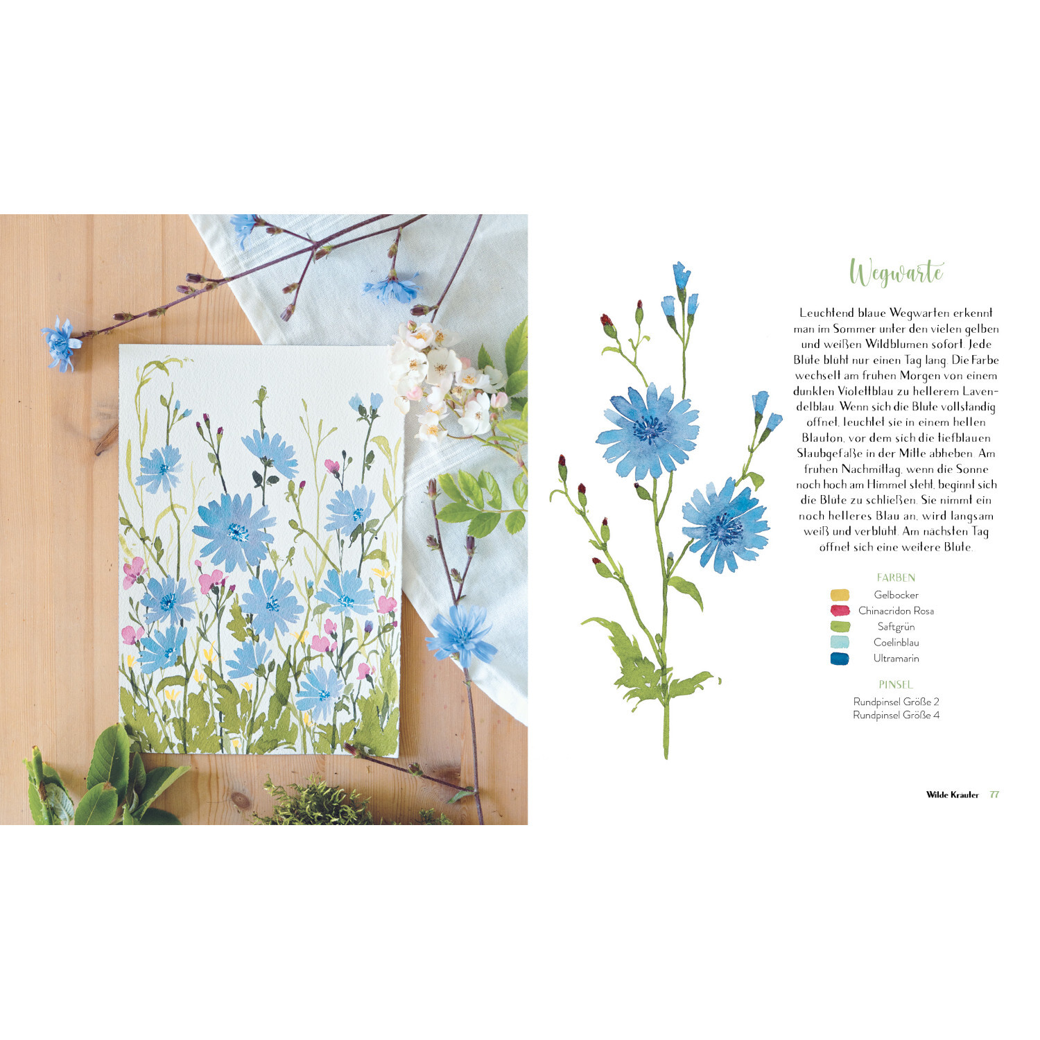 Wildflower Watercolor - Blumen Aquarelle malen von Edition Michael Fischer Wildflower Watercolor - Blumen Aquarelle malen: Aquarellbild mit blauen Blumen und Farbpalette auf Holzuntergrund.