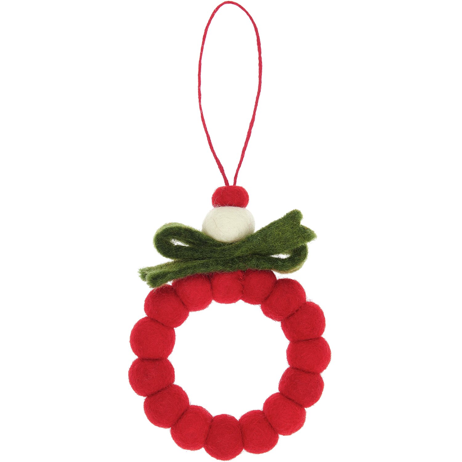 Aufhänger Filzkugeln Kranz Rot/Grün: Dekorativer Kranz aus roten Filzkugeln mit grünem Filzband, ideal für festliche Anlässe.