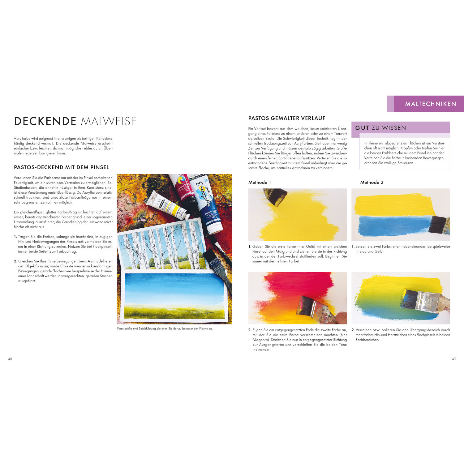 Das Acryl-Praxisbuch: Doppelseite mit Maltechniken, Pinselstrichen und Farbverläufen in Gelb und Blau.