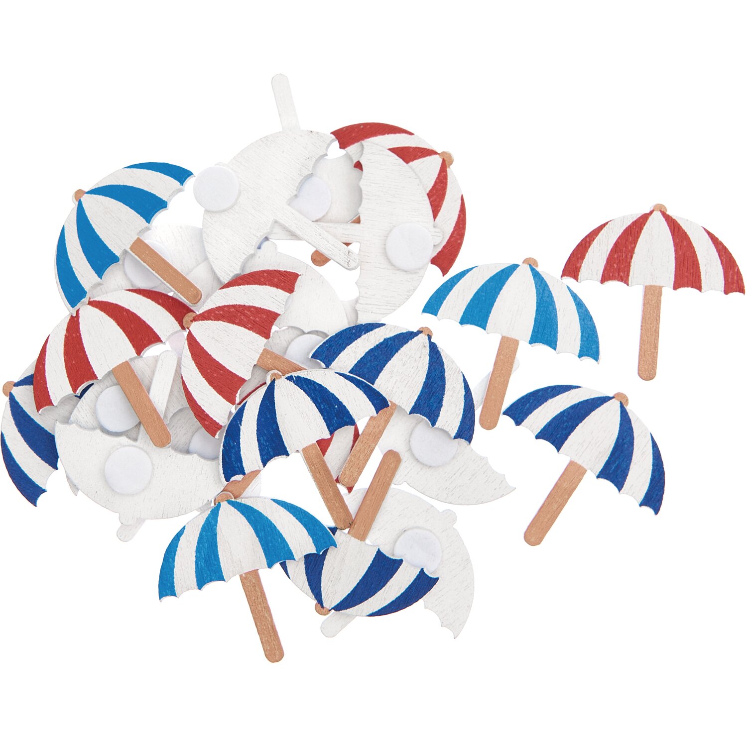 Holzsticker Sonnenschirm Mix: Bunte, gestreifte Mini-Sonnenschirme in Rot-Weiß und Blau-Weiß, ideal für kreative Bastelprojekte.