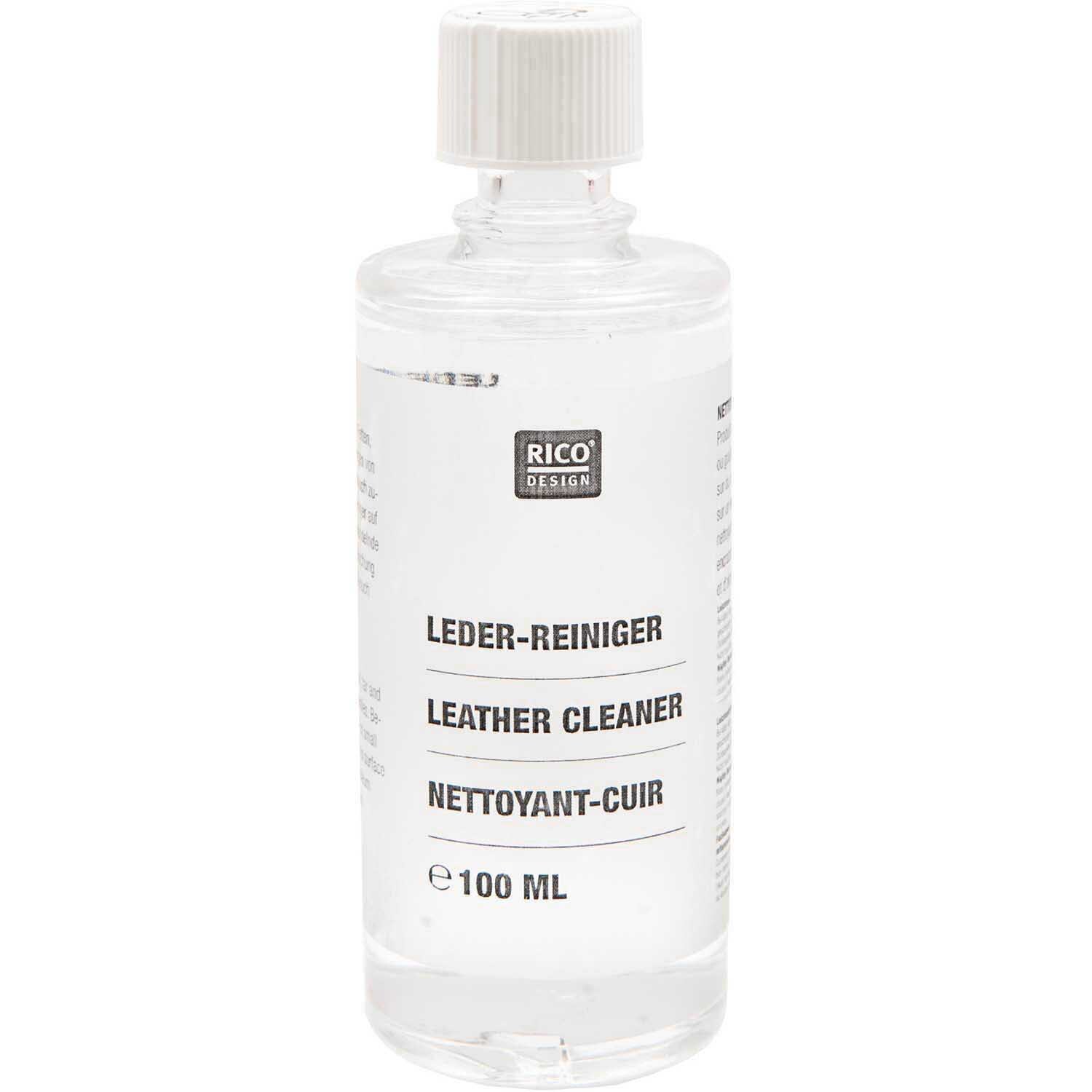 Lederreiniger 100ml von Rico Design in transparenter Flasche, ideal zur Pflege von Leder.