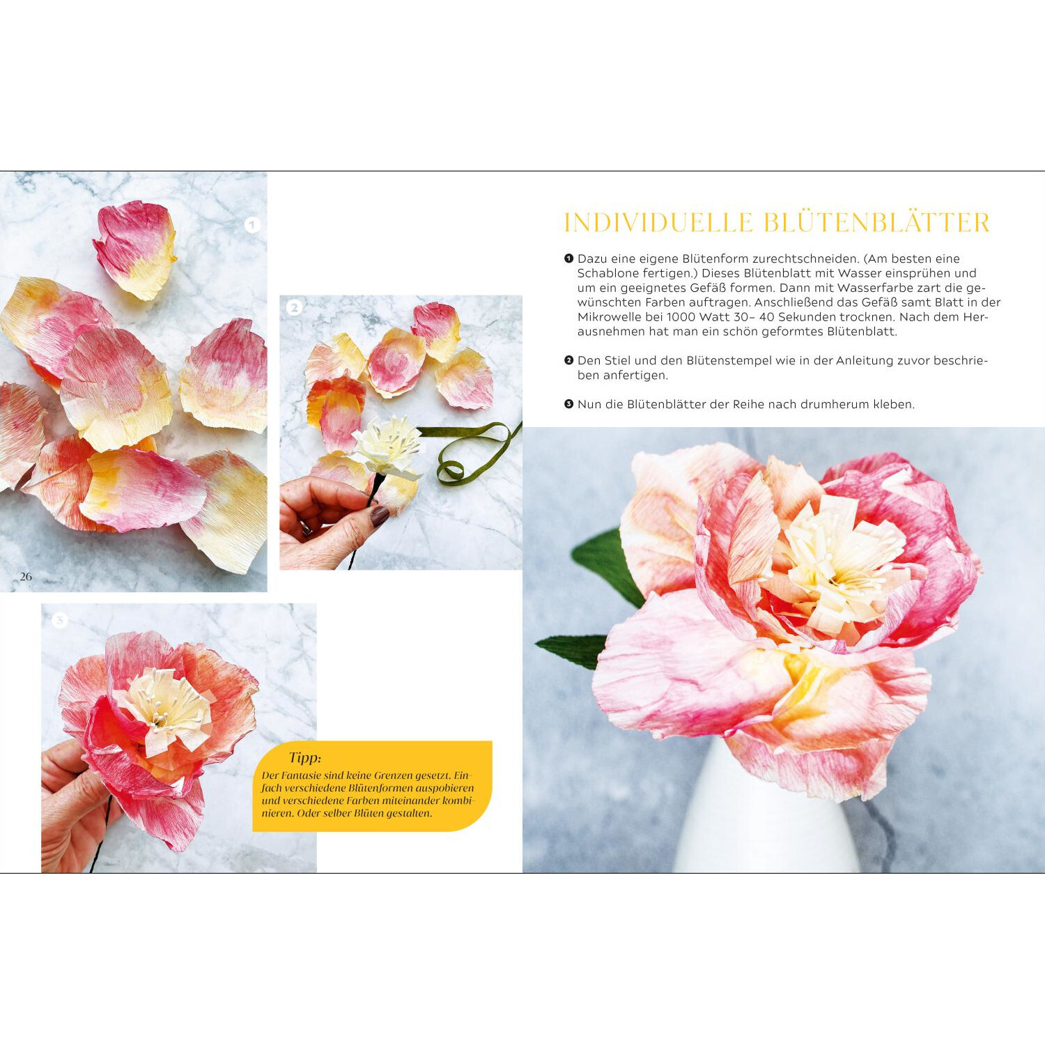 Kreative Papierdeko: Ideen für Feste und Partys. Anleitung zur Gestaltung individueller Blütenblätter in Rosa und Gelb auf Marmorhintergrund.