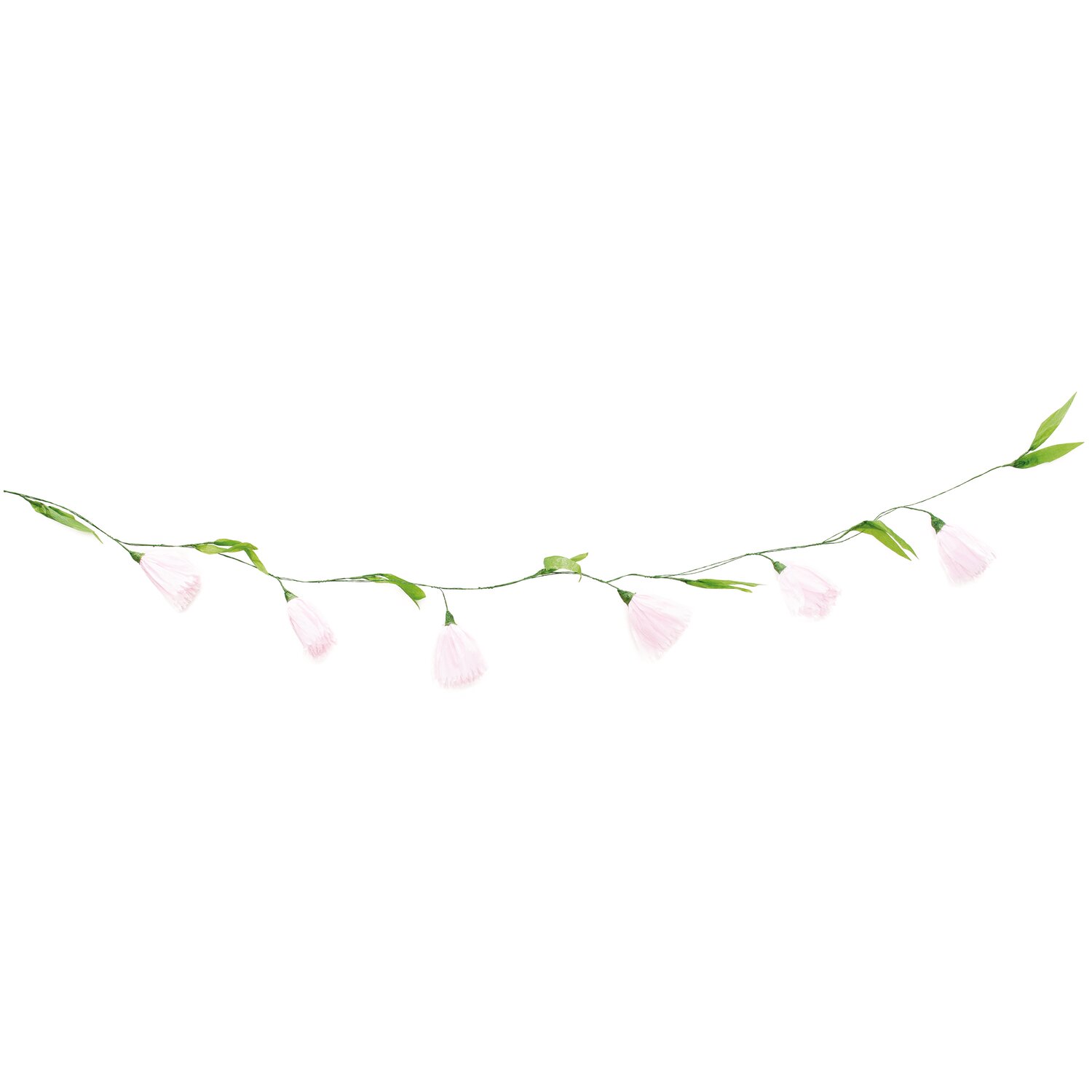 Papierblumen Girlande rosa 180 cm: Zarte rosa Papierblüten an grüner Schnur, ideal für Dekorationen.