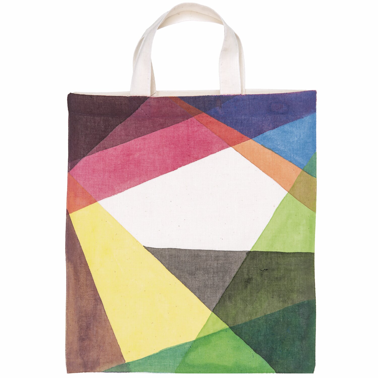 Textilfarben basic 6x40ml: Bunte Stofftasche mit geometrischem Muster in lebendigen Farben.