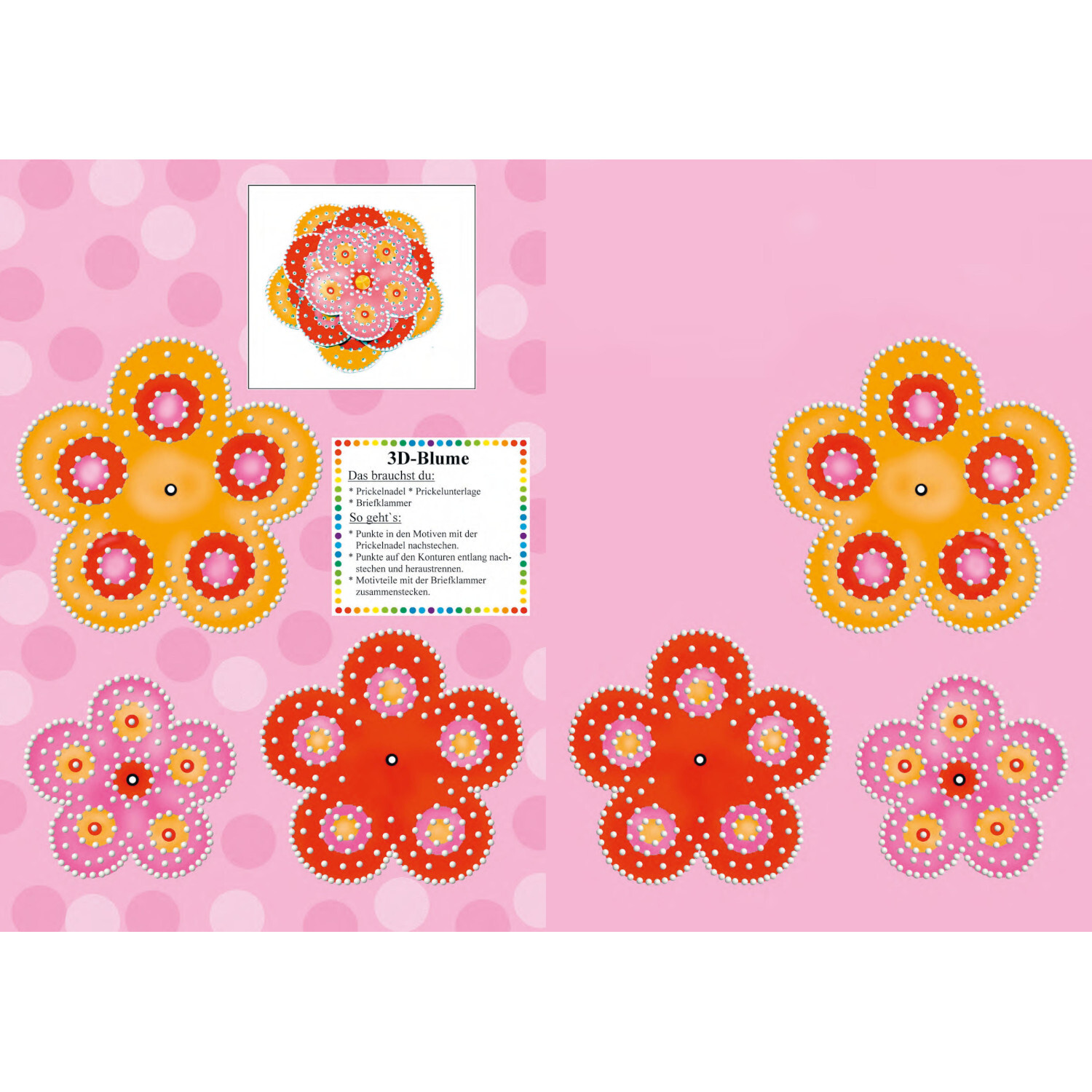 Mein Prickel-Bastelbuch von Christophorus Verlag in der Christan Verlag Mein Prickel-Bastelbuch: Bunte 3D-Blumen auf rosa Hintergrund, ideal für kreative Bastelprojekte.