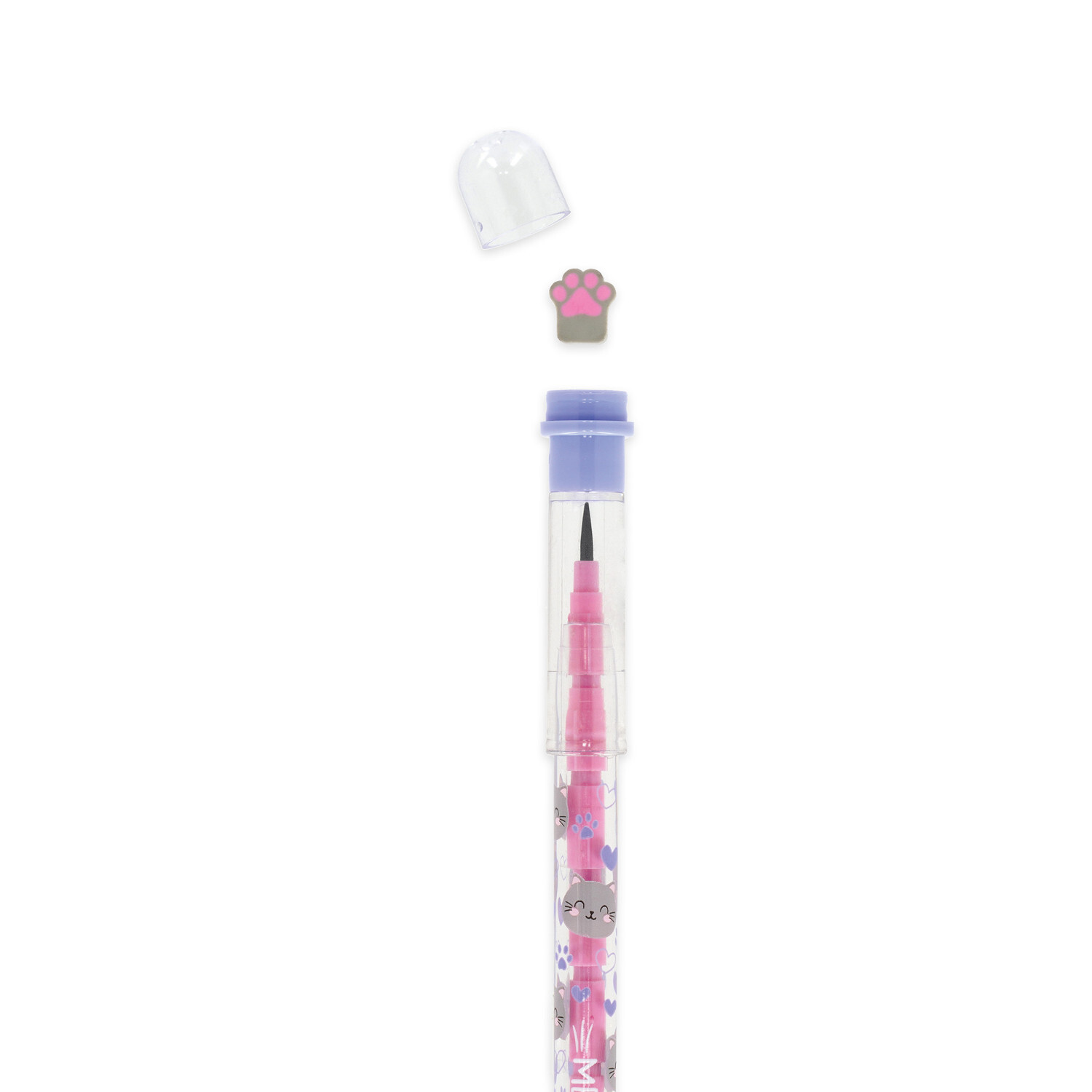 Stackable Pencils, Kitty: Rosa Bleistift mit Katzenpfoten-Design und transparentem Deckel. Ideal für Schule und Büro.