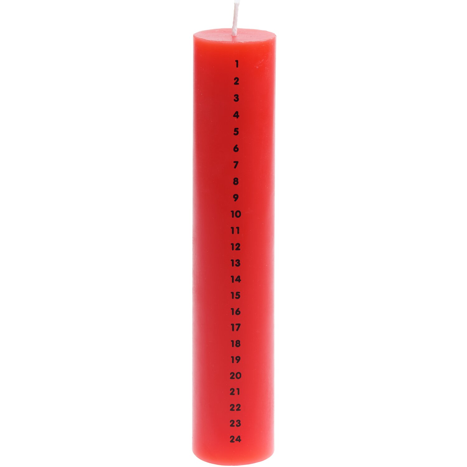 Adventskalender Kerze, rot, von Rico Design, zeigt Zahlen von 1 bis 24 auf einer langen, schlanken Form.