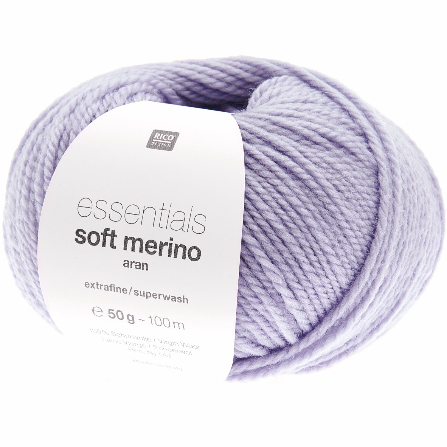 Essentials Soft Merino aran Wolle in Flieder von Rico Design, 50g Knäuel, ideal für Strickprojekte.