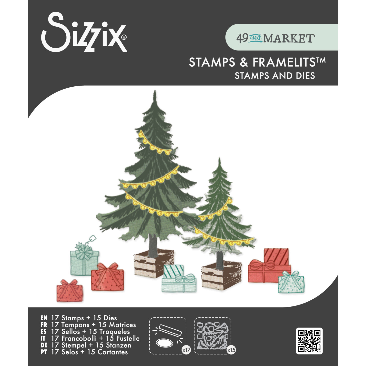 Clear Stamps \/ Framelits Trees and Trinkets, 32-teilig. Weihnachtsbäume mit Geschenken in festlichen Farben. Ideal für kreative Bastelprojekte.