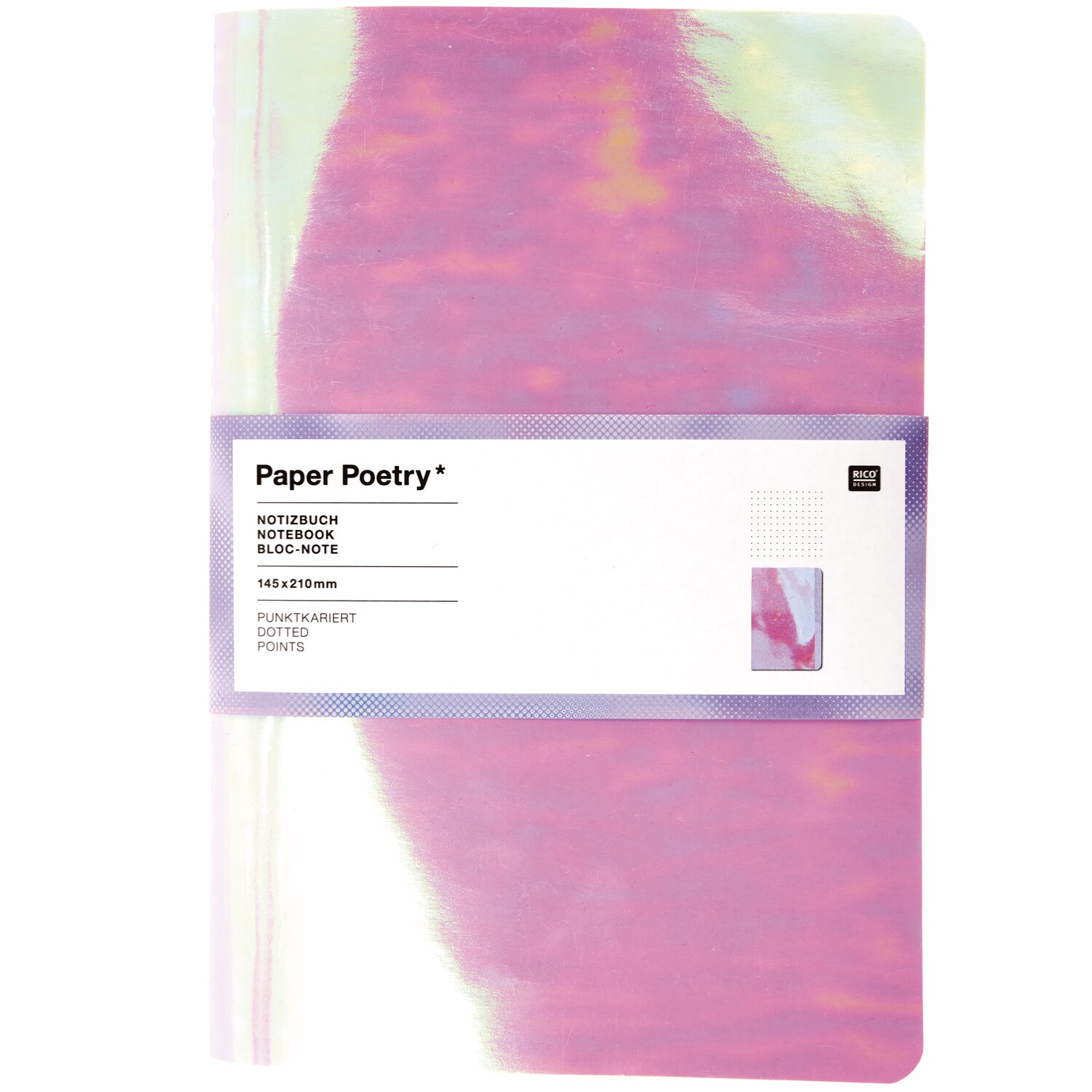 Paper Poetry Notizbuch A5 irisierend mit schimmerndem Cover in Rosa und Lila von Rico Design. Ideal für kreative Notizen.