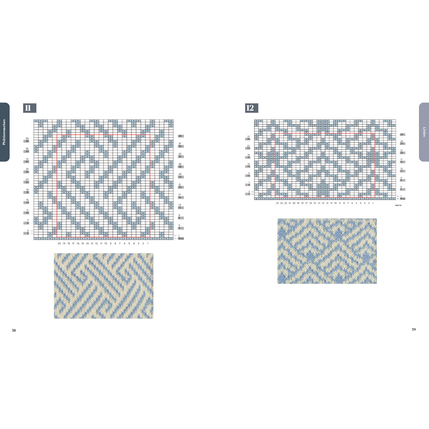 Strickmusterbibel - Hebemaschen: Zwei Strickmuster in Blau und Beige auf weißen Seiten.