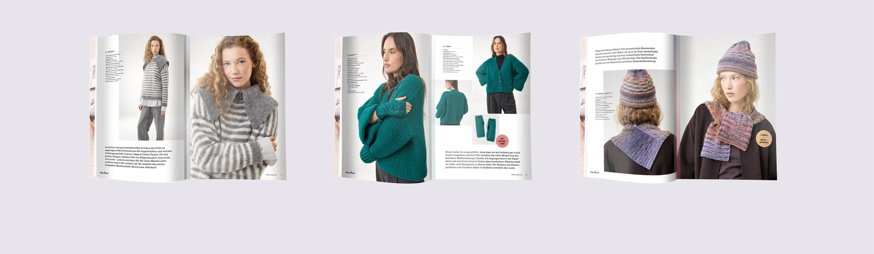 Mehrere Magazin- und Modelldarstellungen mit Damen in gestrickten Oberteilen und Accessoires