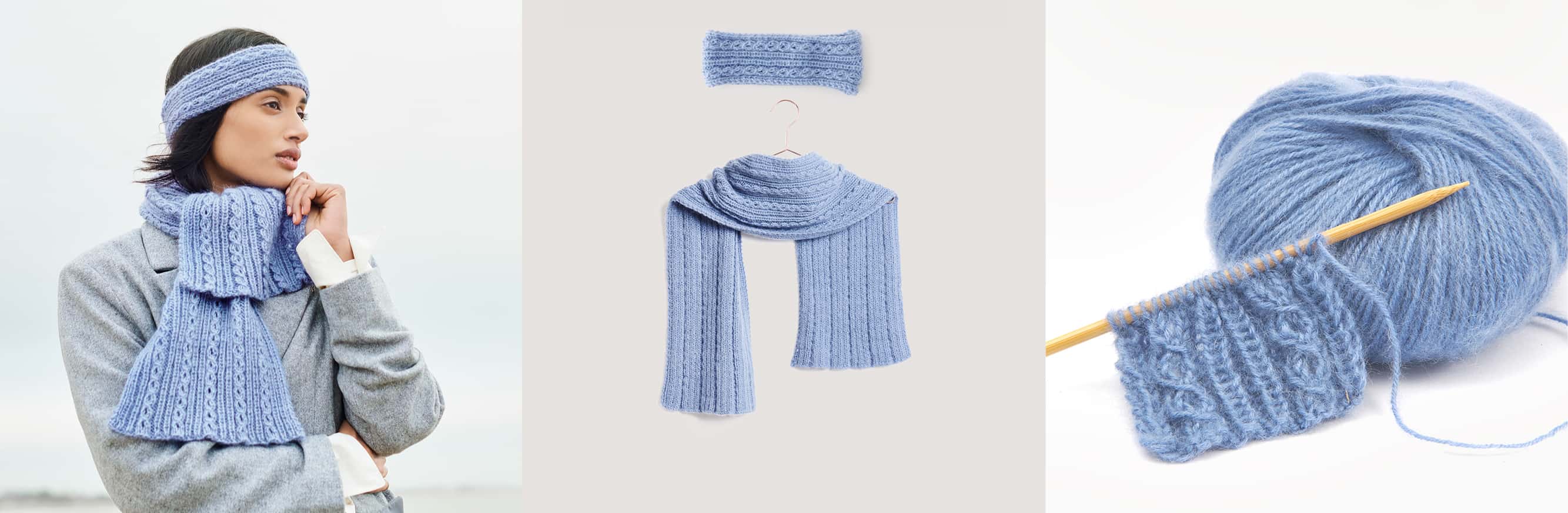 Gestrickter Schal und Stirnband Modell 29 & 30 aus Lovewool No. 21 getragen an weiblichem Model und auf einem Bügel. Daneben Wollknäuel in blau und Strickstück auf Stricknadeln.